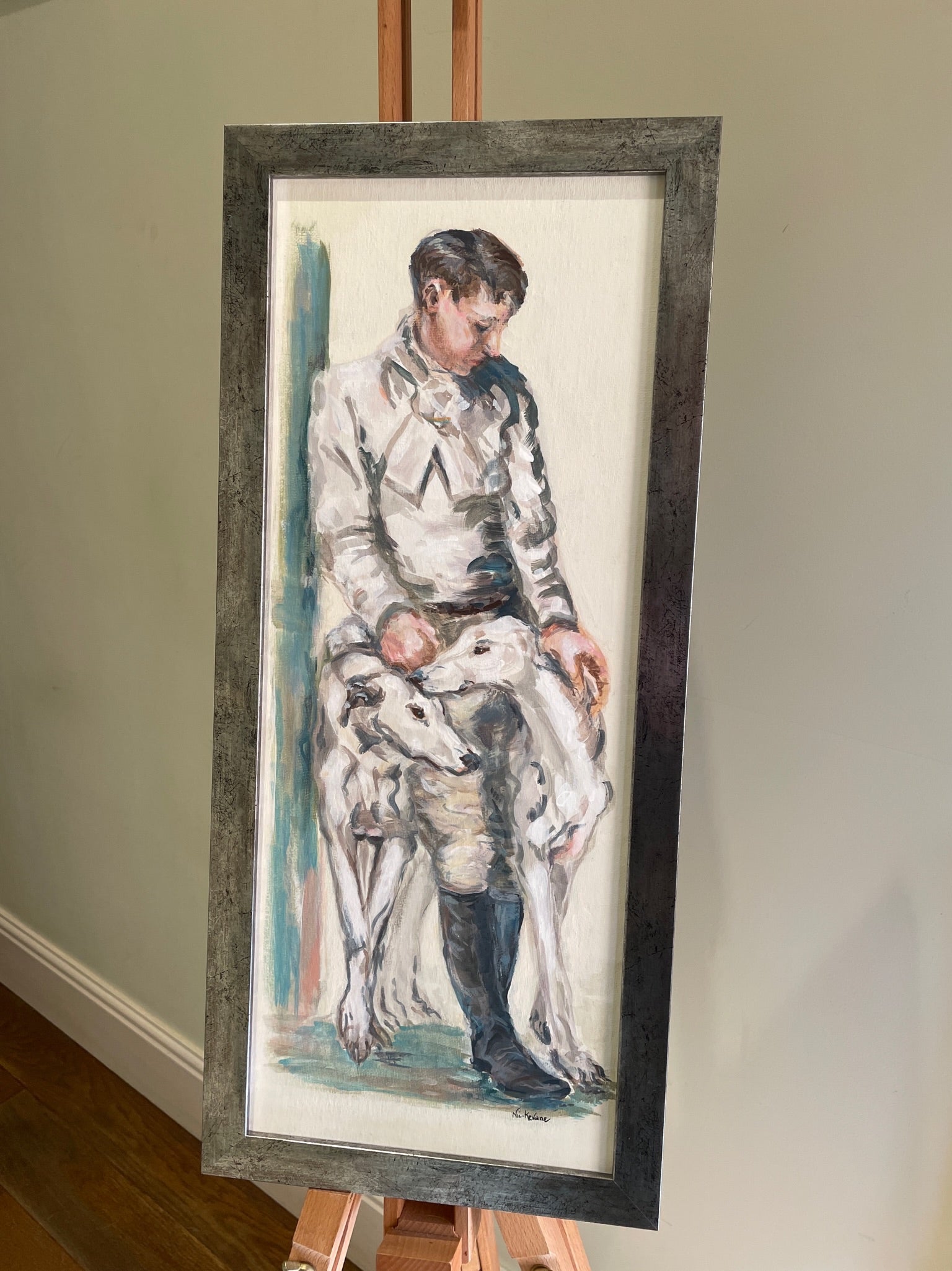 These paintings illustrate the timeless connection of people to their dogs. The elegance of gesture and devoted expression of the pale greyhounds is reminiscent of Art Deco decoration.