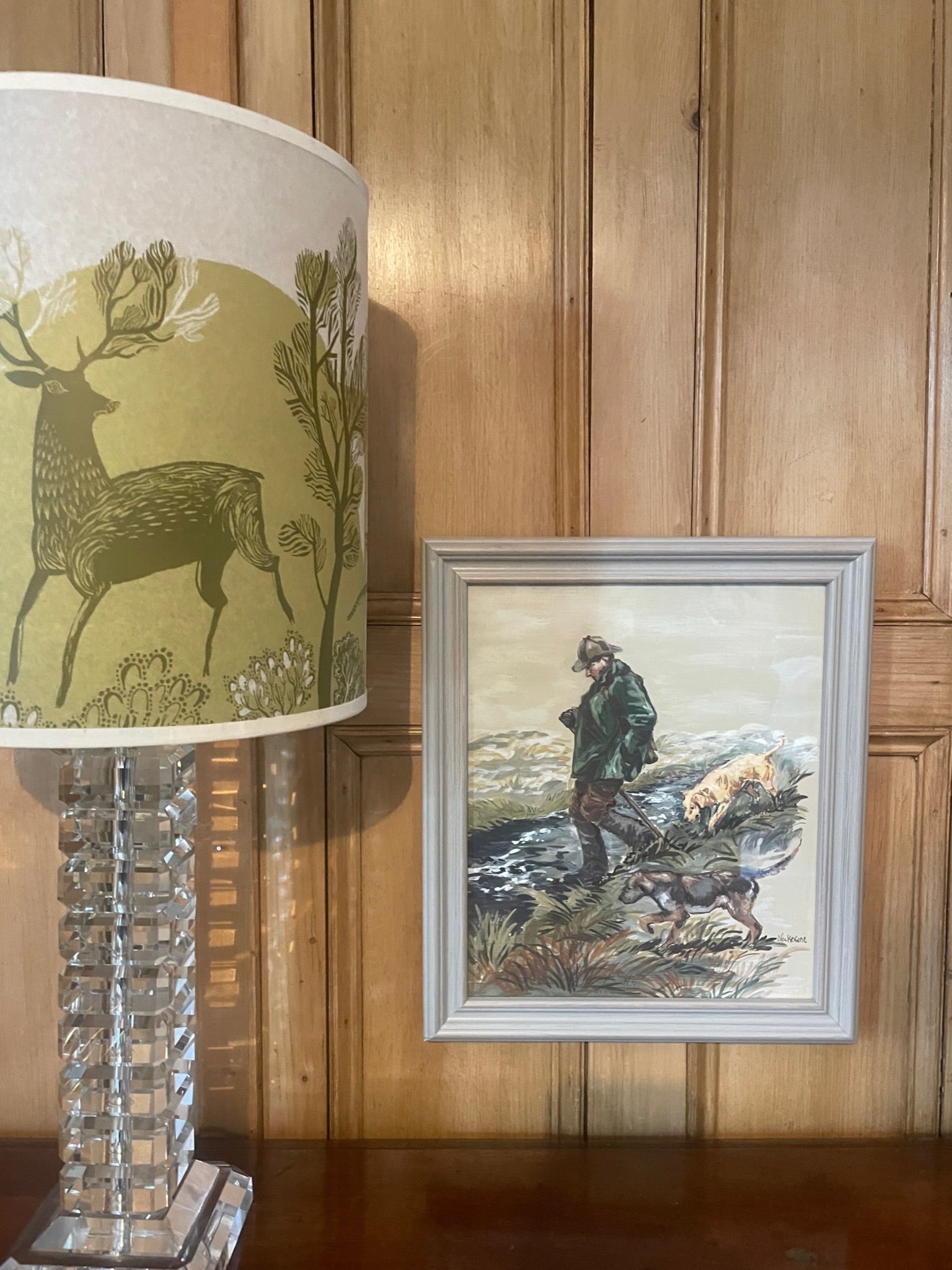 This painting shows a moorland walk of a ghillie with his two working companions. The soft autumn colours enhance this painting.