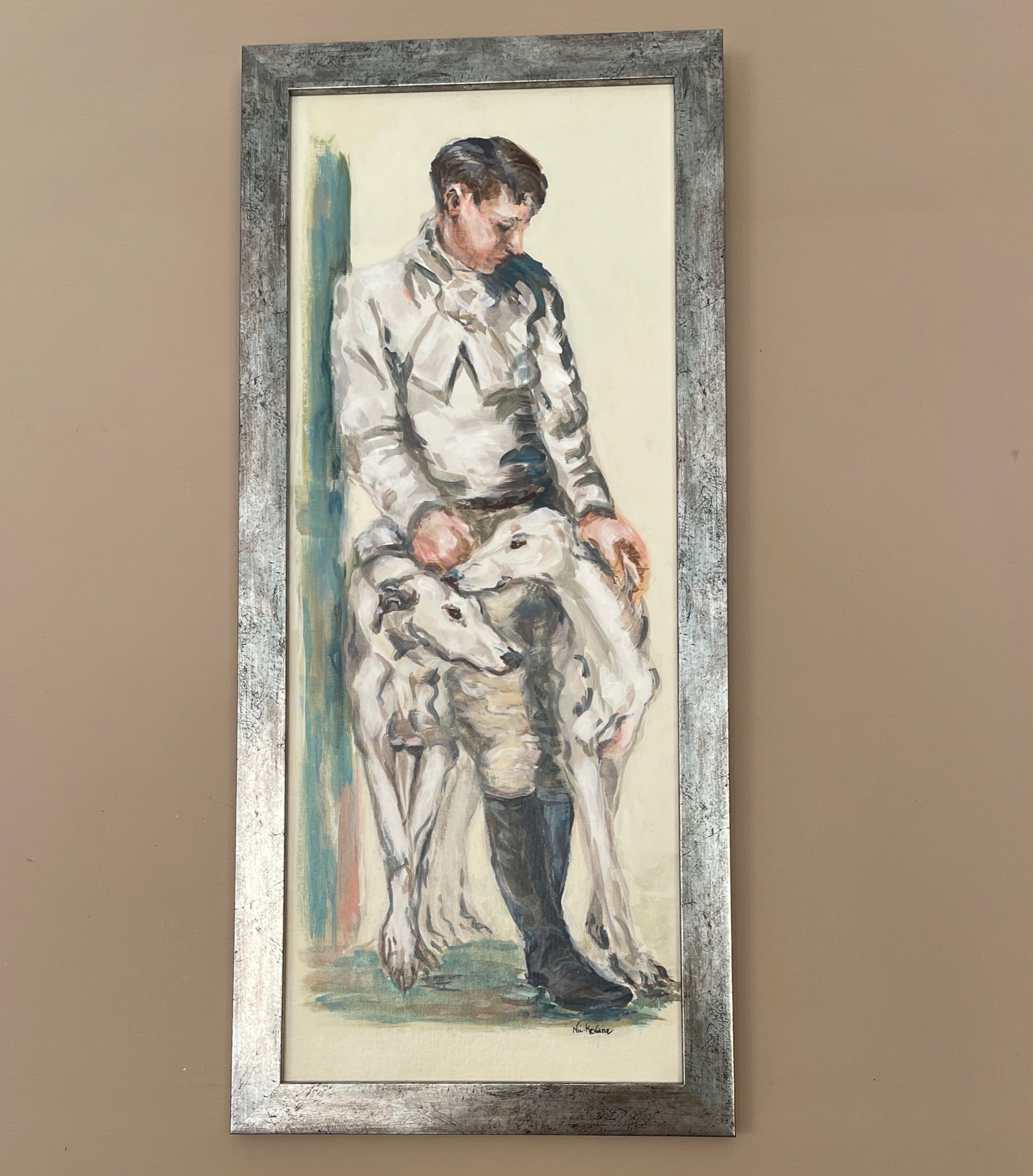 These paintings illustrate the timeless connection of people to their dogs. The elegance of gesture and devoted expression of the pale greyhounds is reminiscent of Art Deco decoration.
