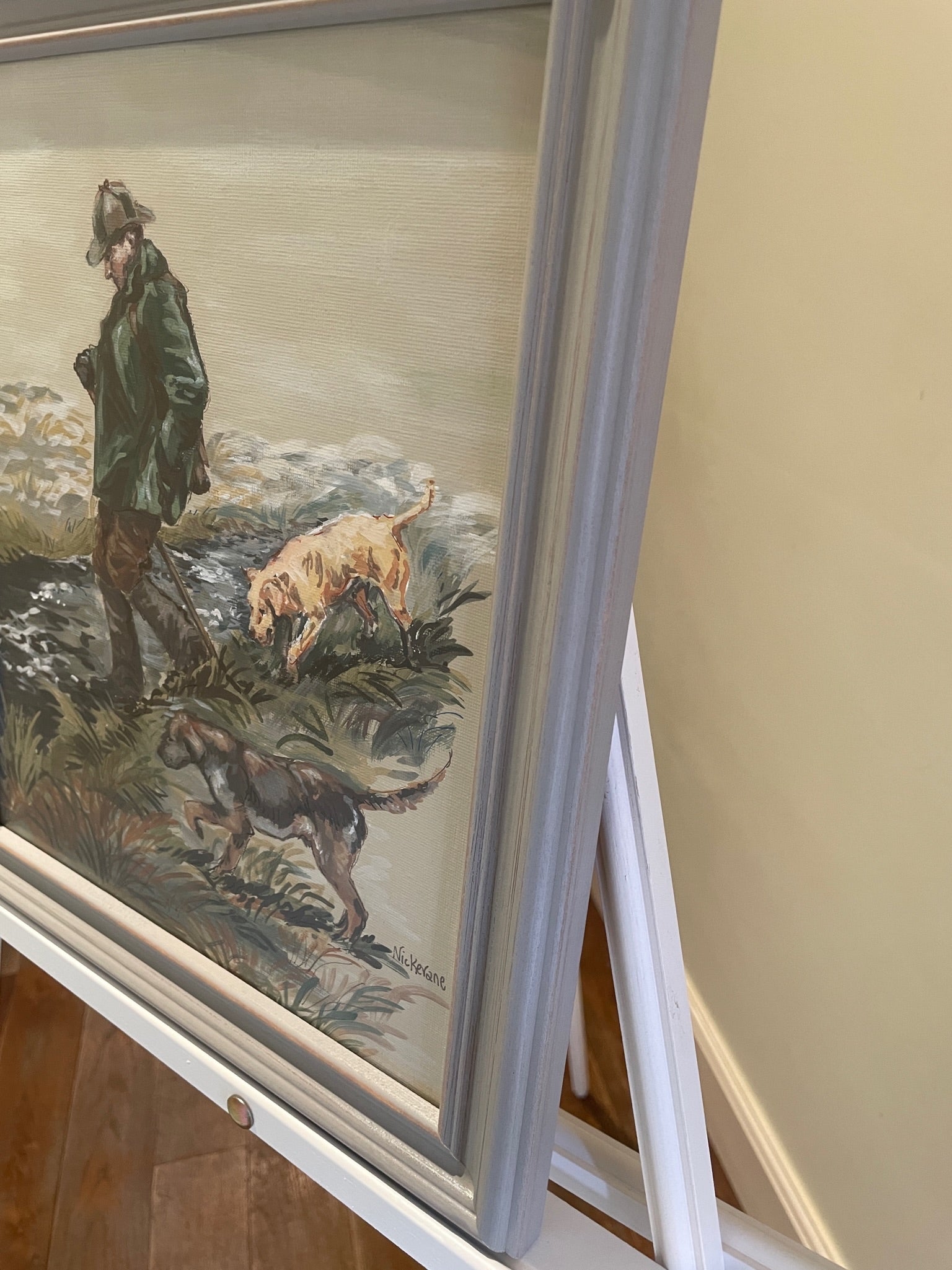 This painting shows a moorland walk of a ghillie with his two working companions. The soft autumn colours enhance this painting.