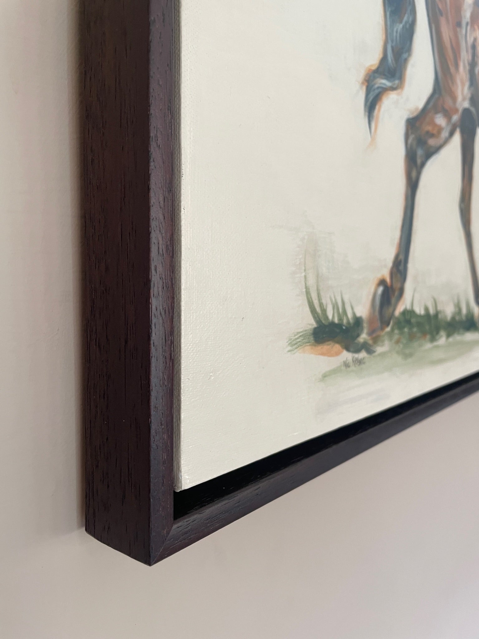 This painting shows a horse in full trot. The spirited horse in this painting is anatomically detailed with a freedom of brushstrokes to convey movement. He has a lot of attitude and does not want to be caught.
