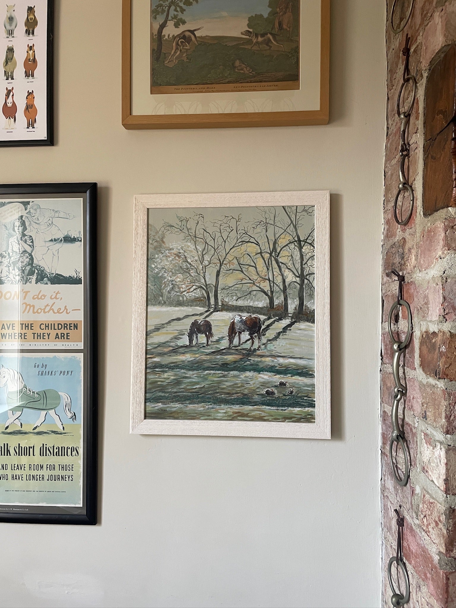 This painting features two hares in a heart shaped composition. These characterful hares have been spied before they leap across the countryside meadow.
