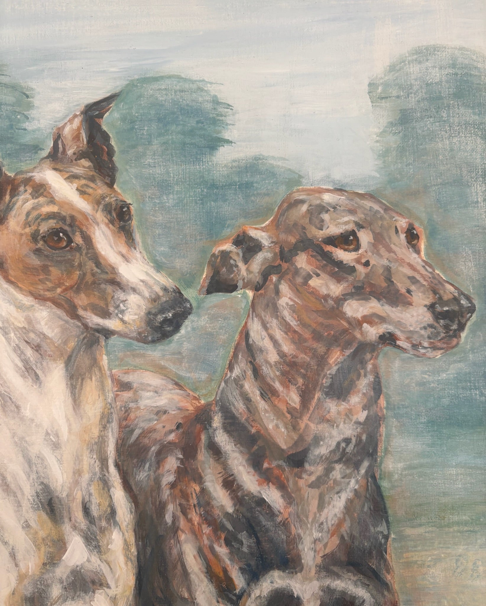 Warm Welcome Greyhounds This painting captures two handsome greyhounds ready to welcome you home.