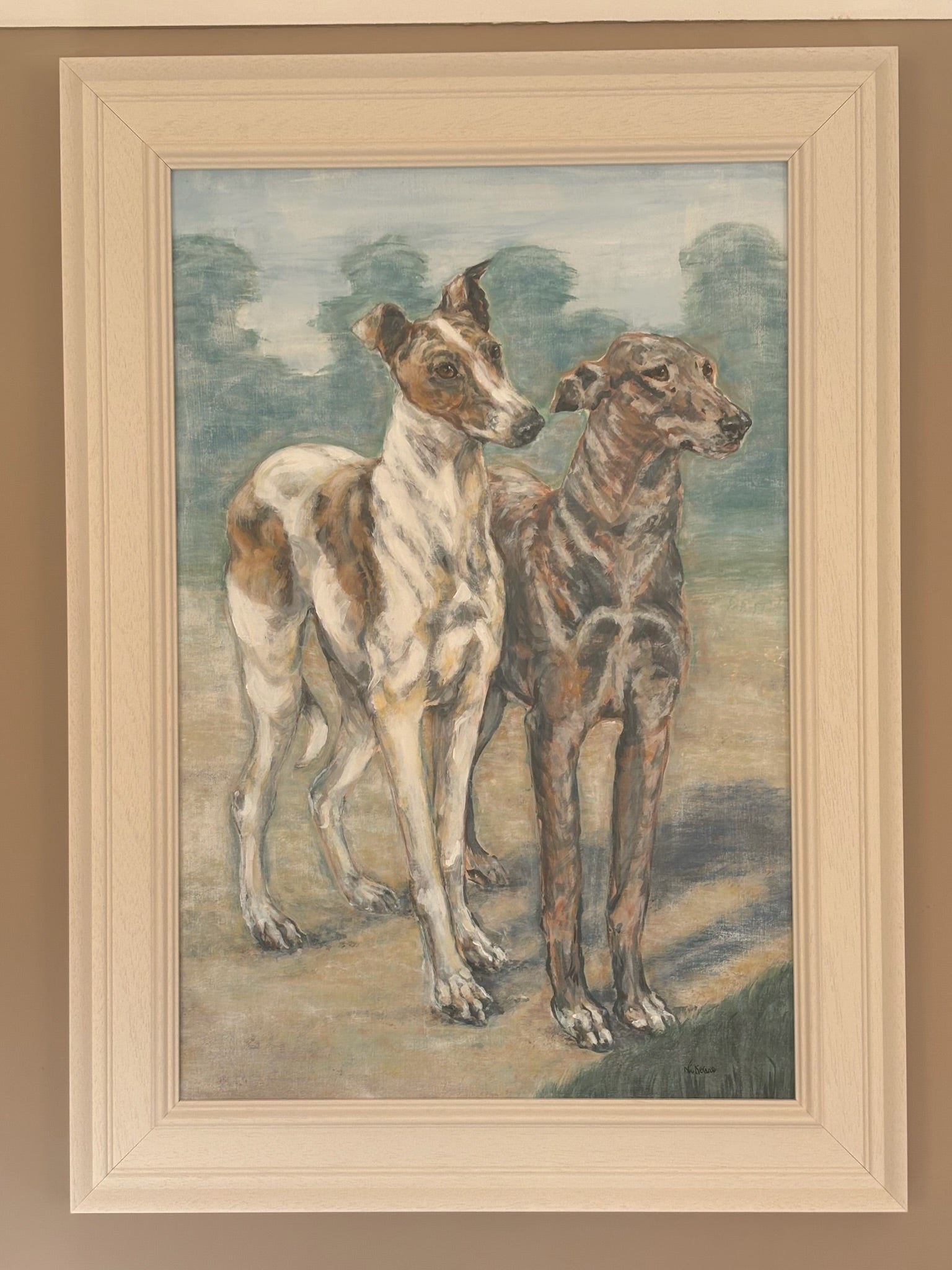 Warm Welcome Greyhounds This painting captures two handsome greyhounds ready to welcome you home.