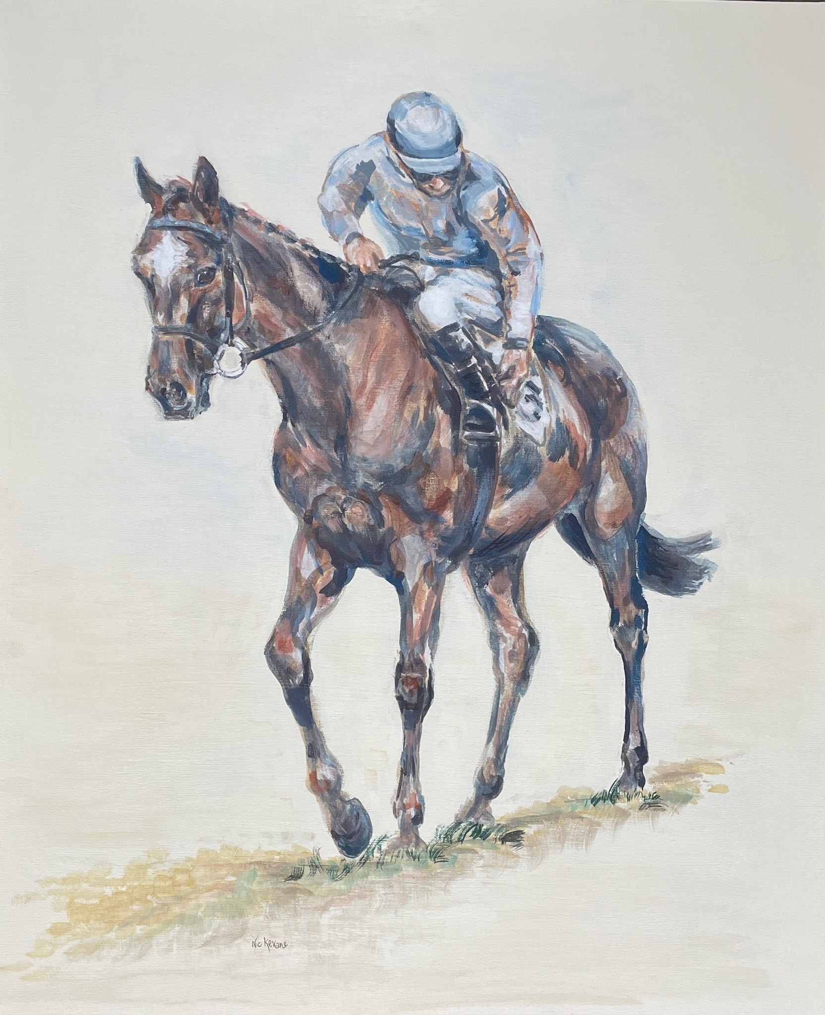 This painting is the study of a jockey checking his girth before the start of the race. The composition is from an interesting angle of perspective and the muted palette accentuates the quiet ritual of the preparatory checks before the thrilling act of horseracing.