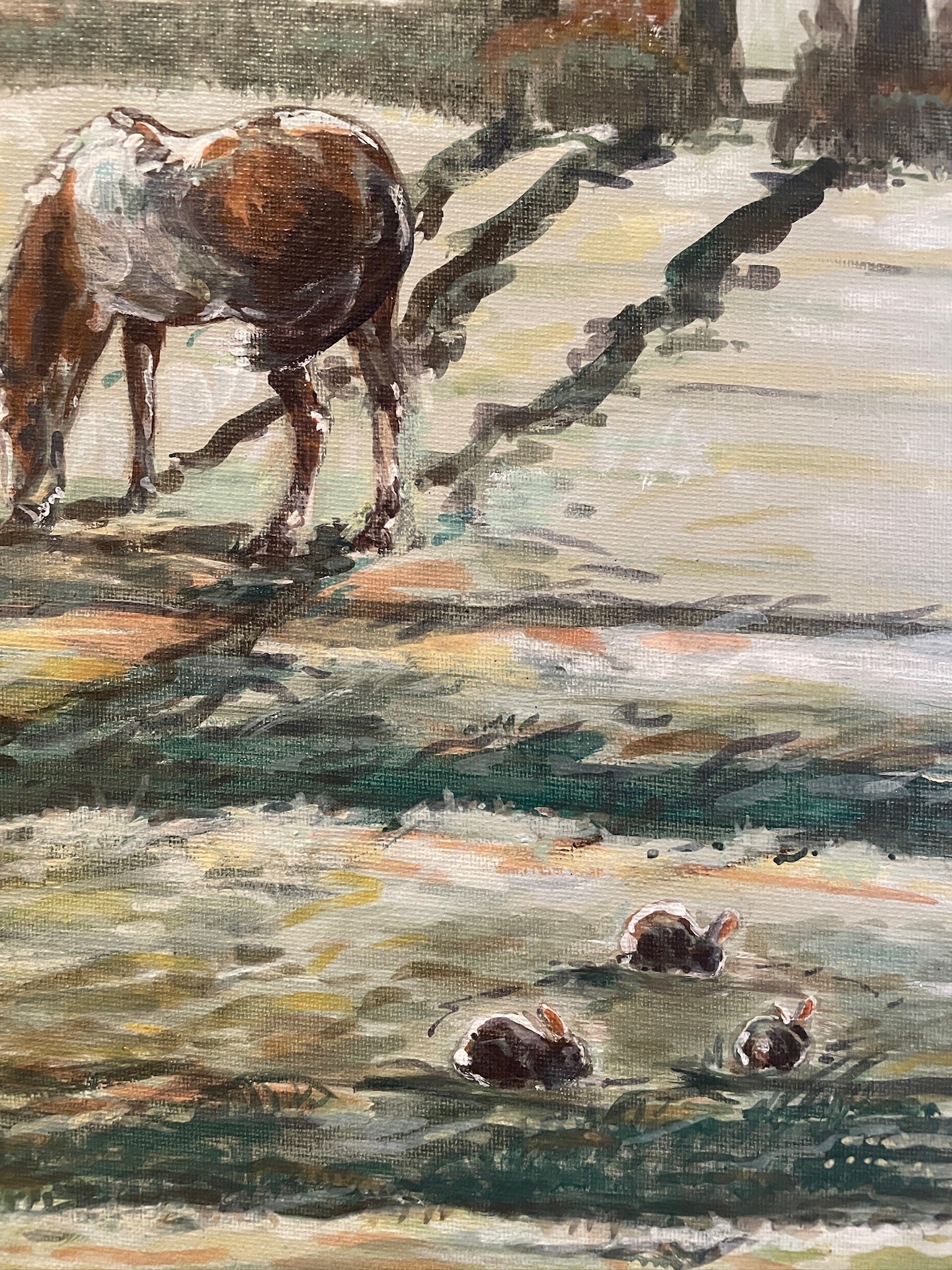This painting features two hares in a heart shaped composition. These characterful hares have been spied before they leap across the countryside meadow.