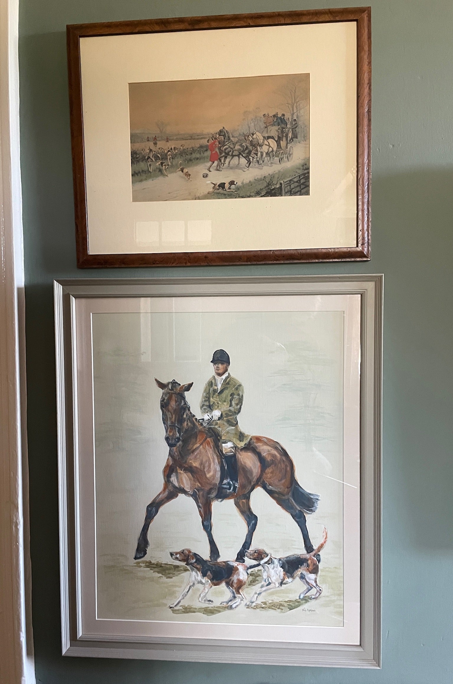 This painting captures a huntsman and hounds setting off from the hunt meet. The horse is shying at the two hounds who have rushed up to his side in fear of being left behind.