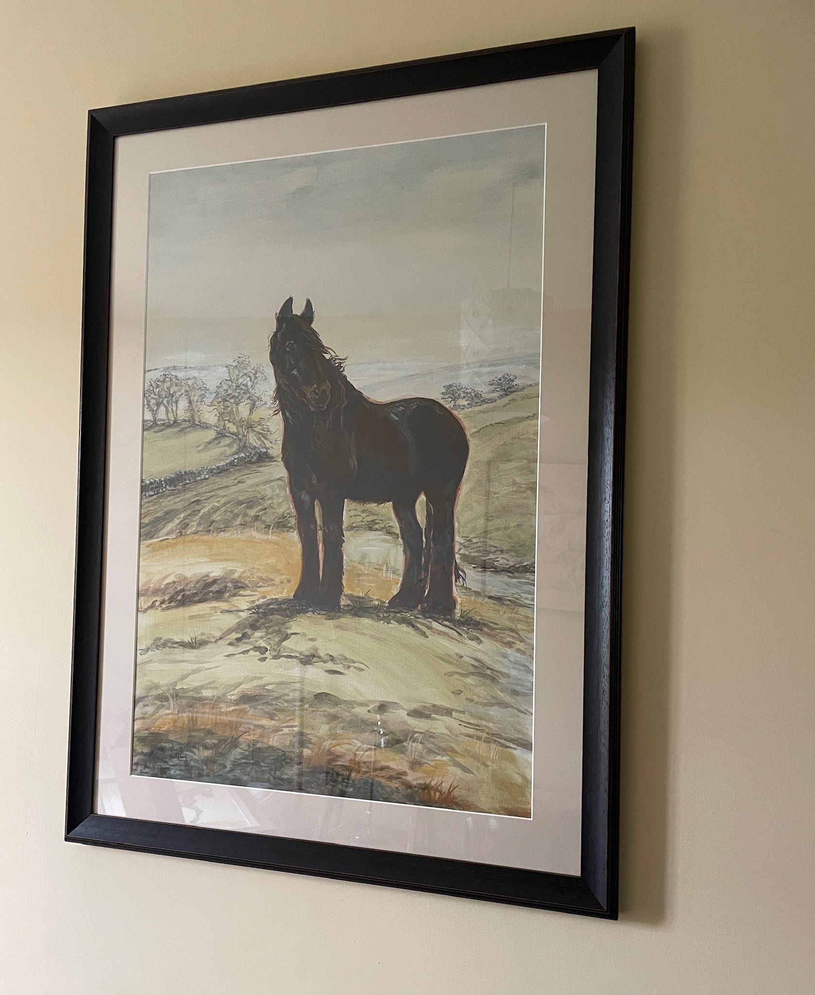 The focus of this painting is a majestic Dales pony in the rugged countryside terrain of the Yorkshire Dales.