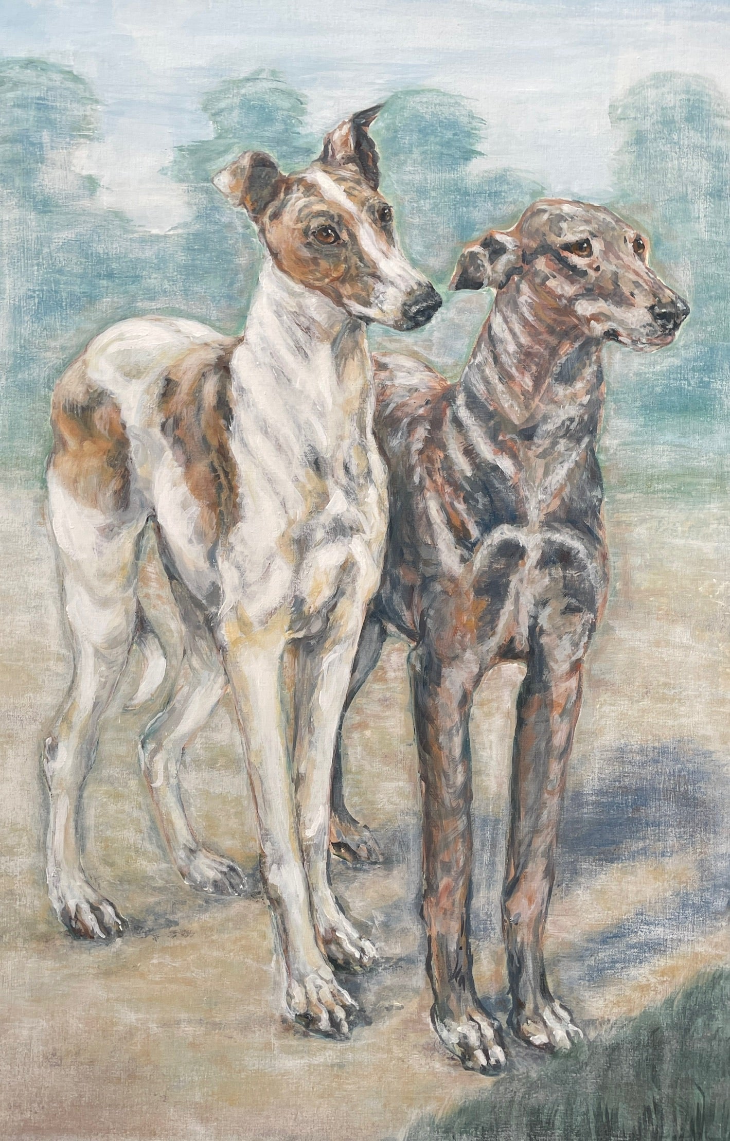 Warm Welcome Greyhounds This painting captures two handsome greyhounds ready to welcome you home.