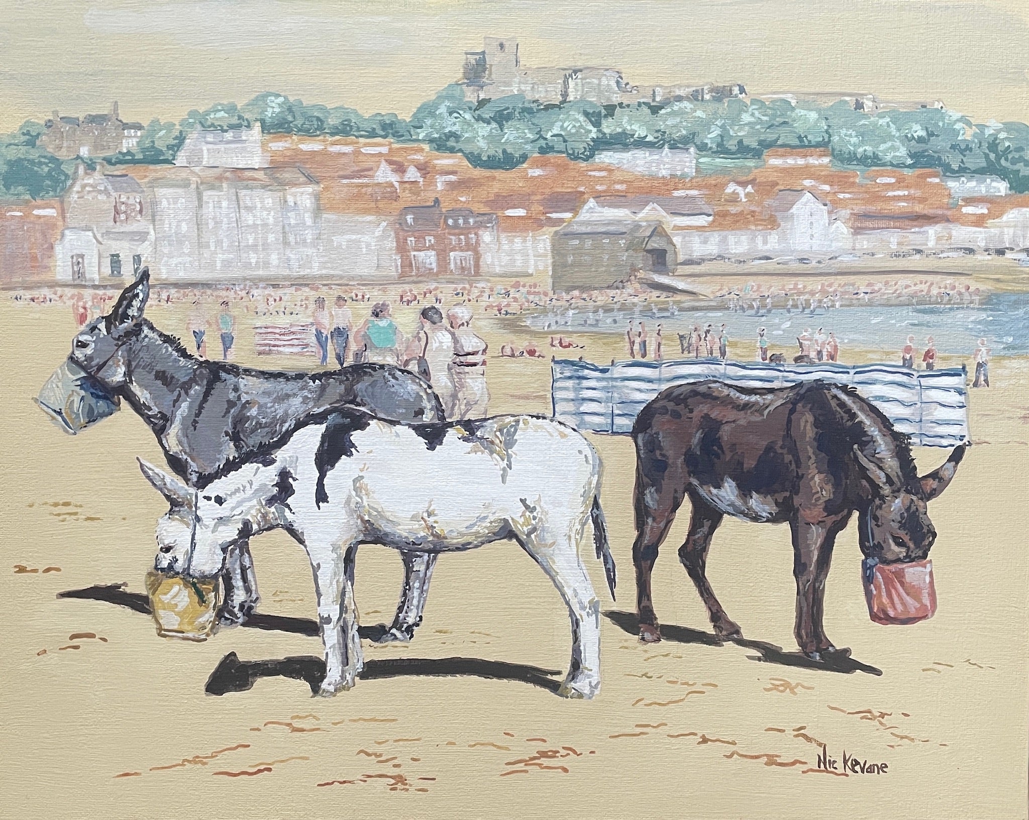 Lunchtime at Scarborough. This fine art giclee print is created from a painting of traditional seaside donkeys at Scarborough, North Yorkshire.