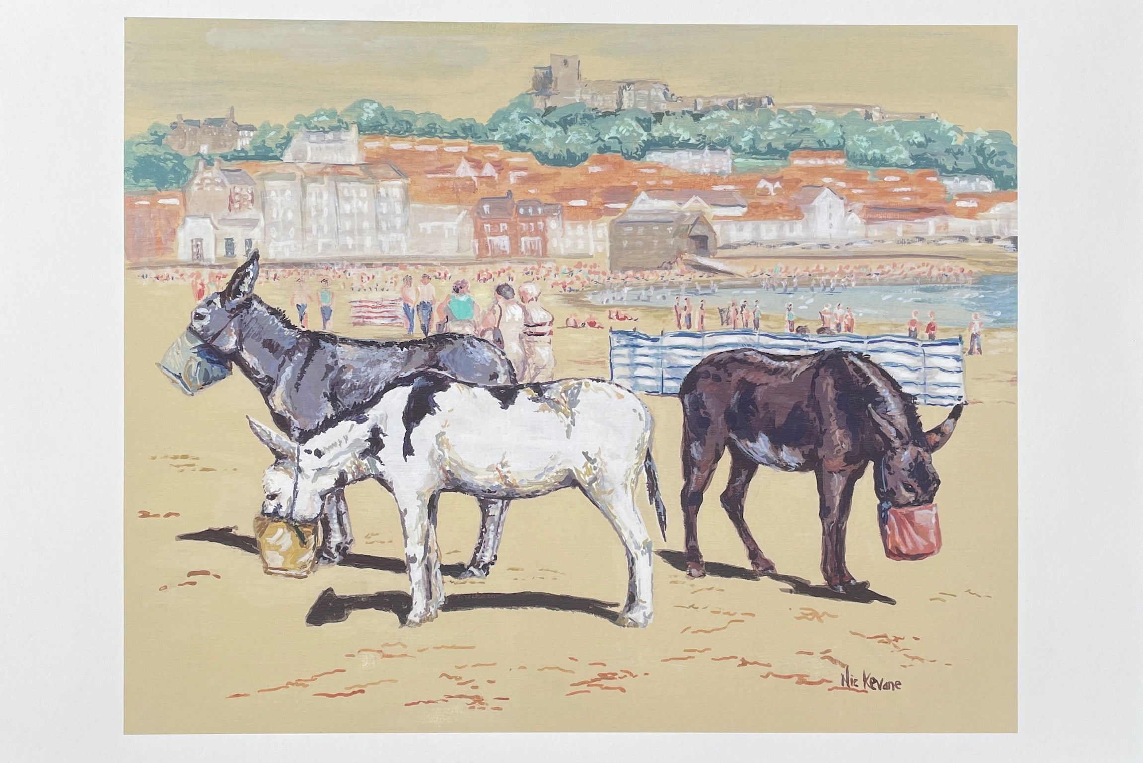 Lunchtime at Scarborough. This fine art giclee print is created from a painting of traditional seaside donkeys at Scarborough, North Yorkshire.