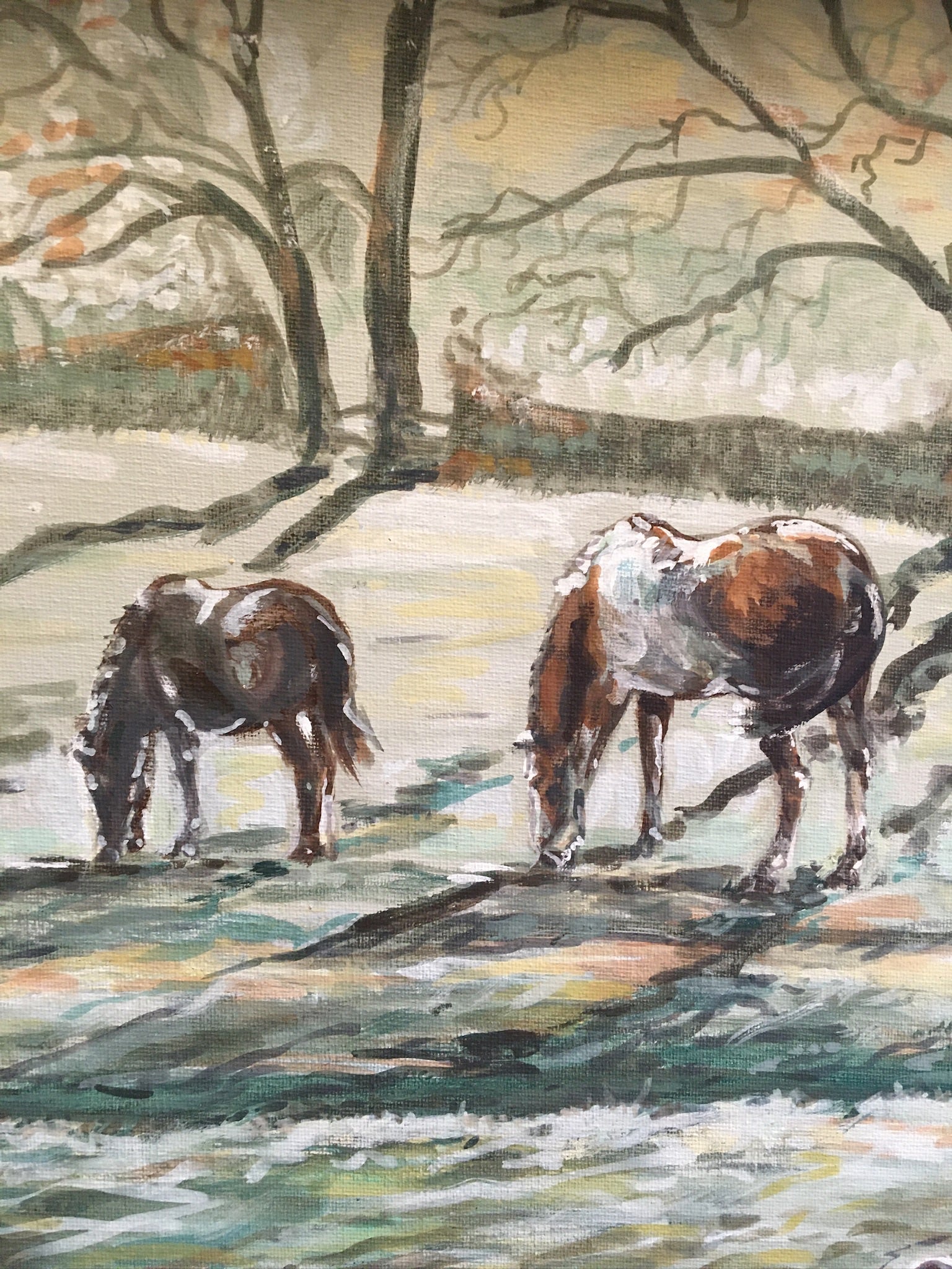 This painting features two hares in a heart shaped composition.   These characterful hares have been spied before they leap across the countryside meadow.