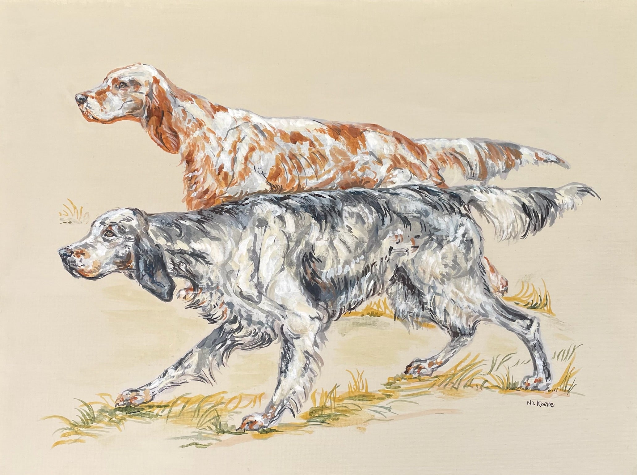 English Setters -  two traditional gundogs hunting.  A painting of a working dog breed inspired by old country sporting prints.