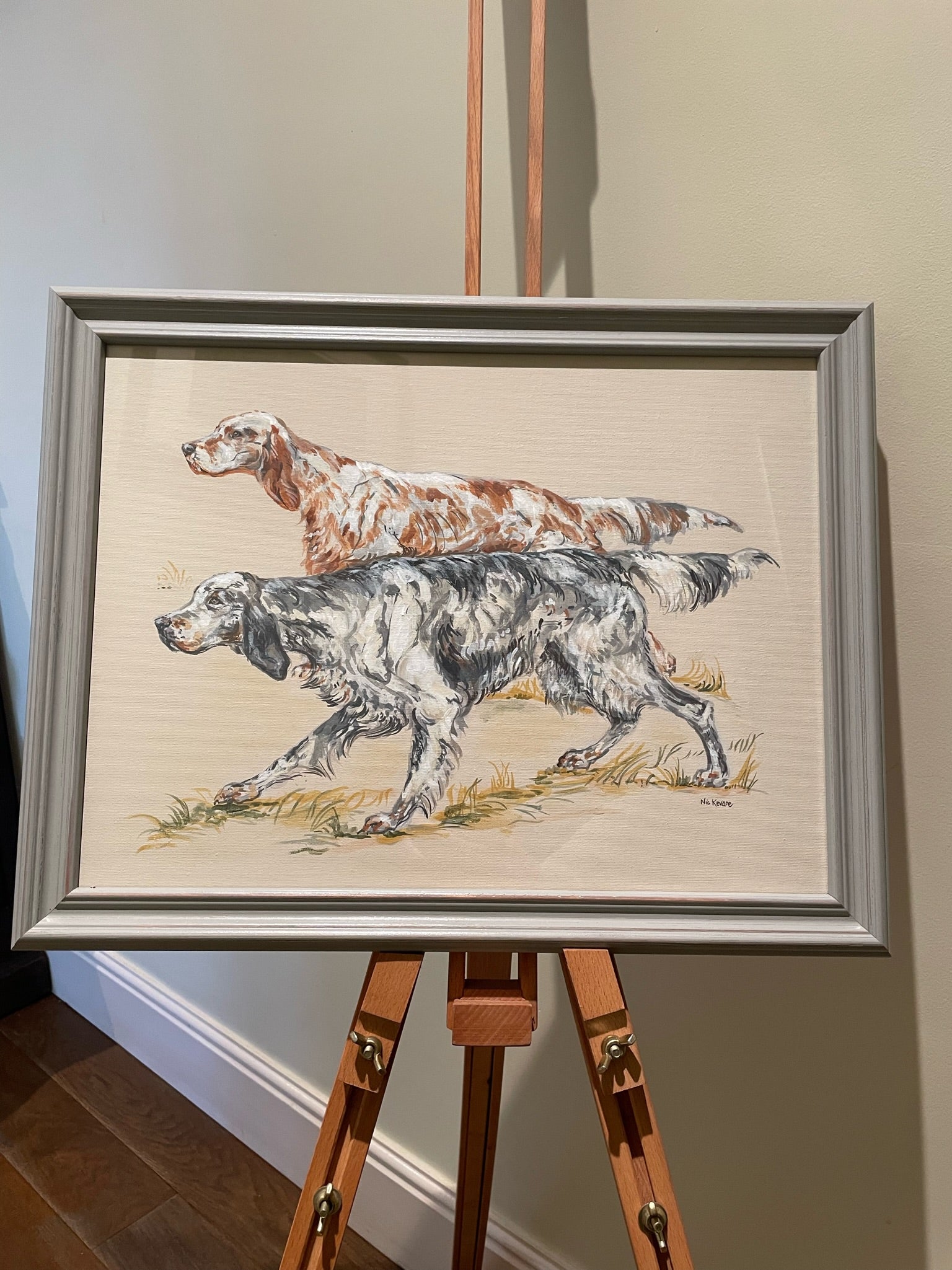 English Setters - two traditional gundogs hunting. A painting of a working dog breed inspired by old country sporting prints.