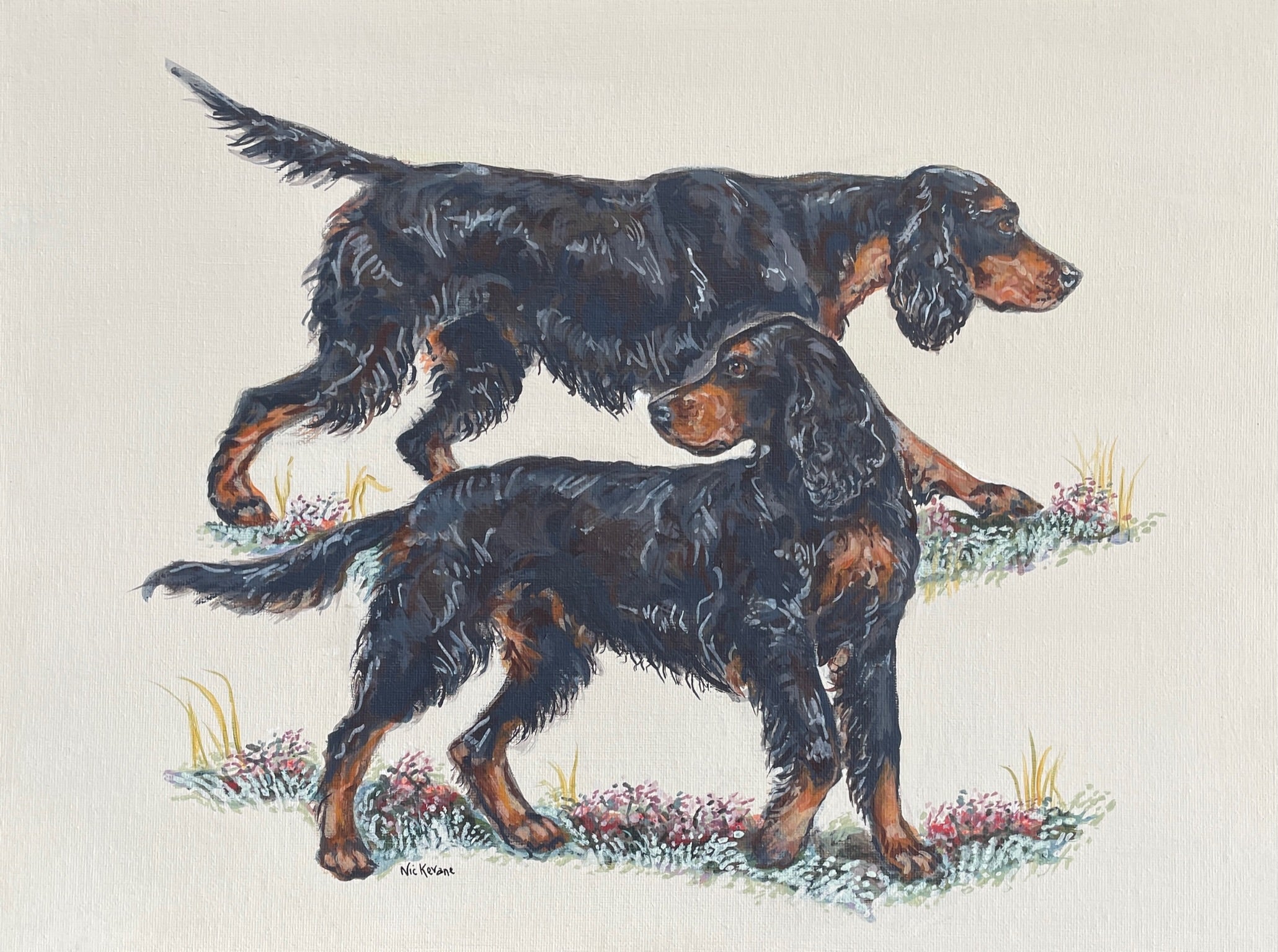 This painting shows two traditional gundogs hunting. I love to paint working dog breeds. Inspired by old country sporting prints.
