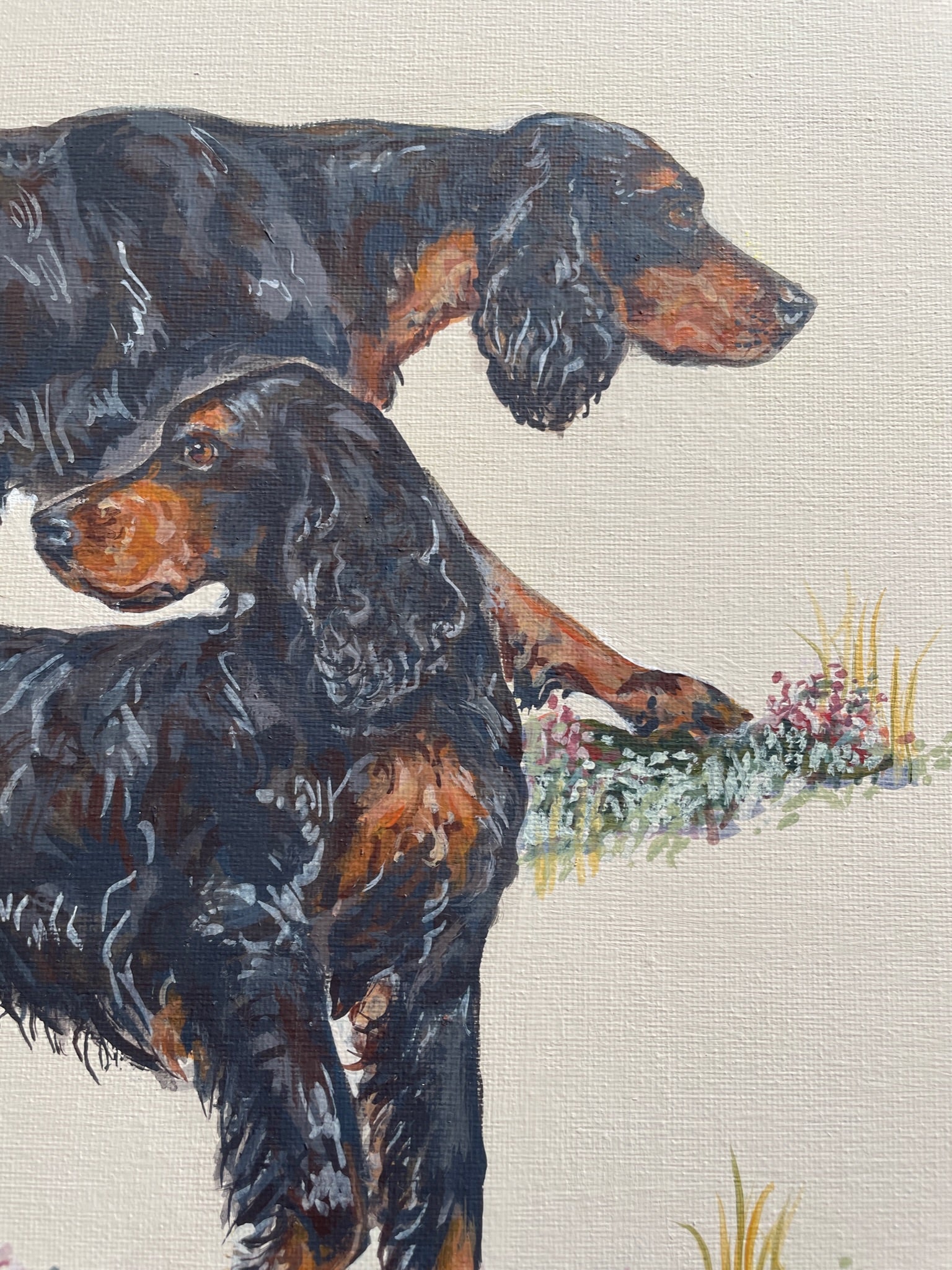This painting shows two traditional gundogs hunting. I love to paint working dog breeds. Inspired by old country sporting prints.