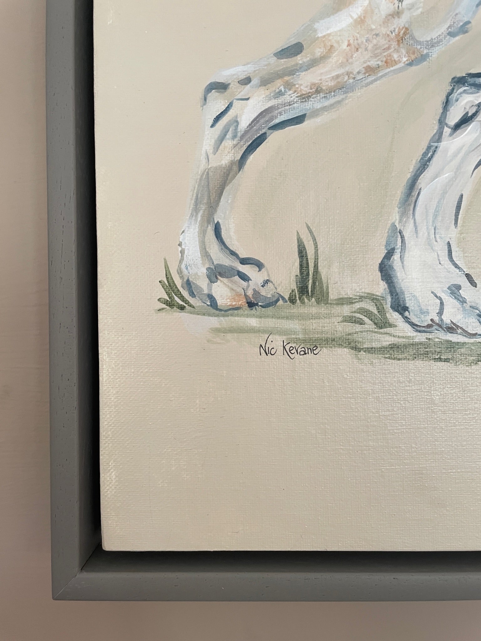 This painting shows three hounds ready to go hunting. These three each have their own characters. The background colour of the painting is a creamy beige.
