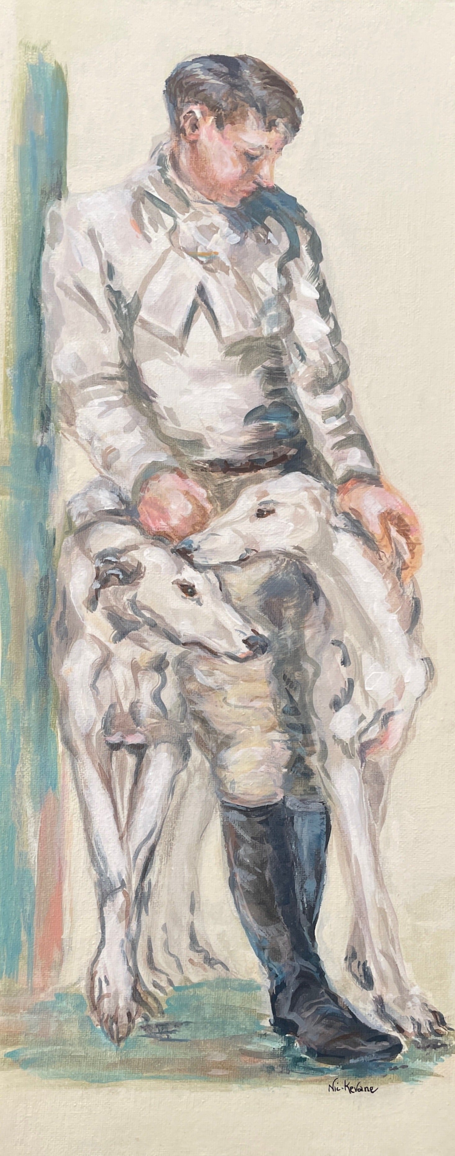 These paintings illustrate the timeless connection of people to their dogs. The elegance of gesture and devoted expression of the pale greyhounds is reminiscent of Art Deco decoration.