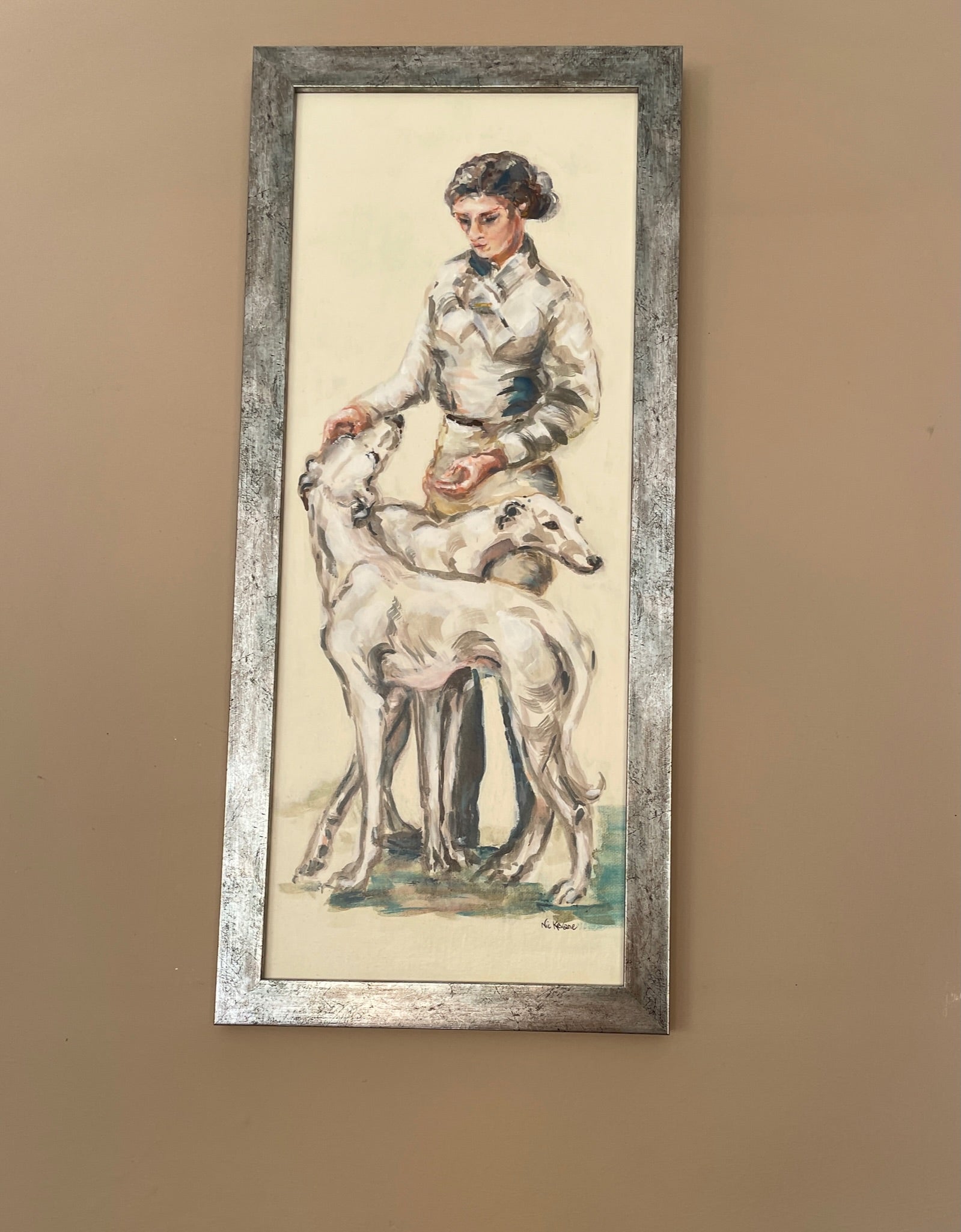 These paintings illustrate the timeless connection of people to their dogs. The elegance of gesture and devoted expression of the pale greyhounds is reminiscent of Art Deco decoration.