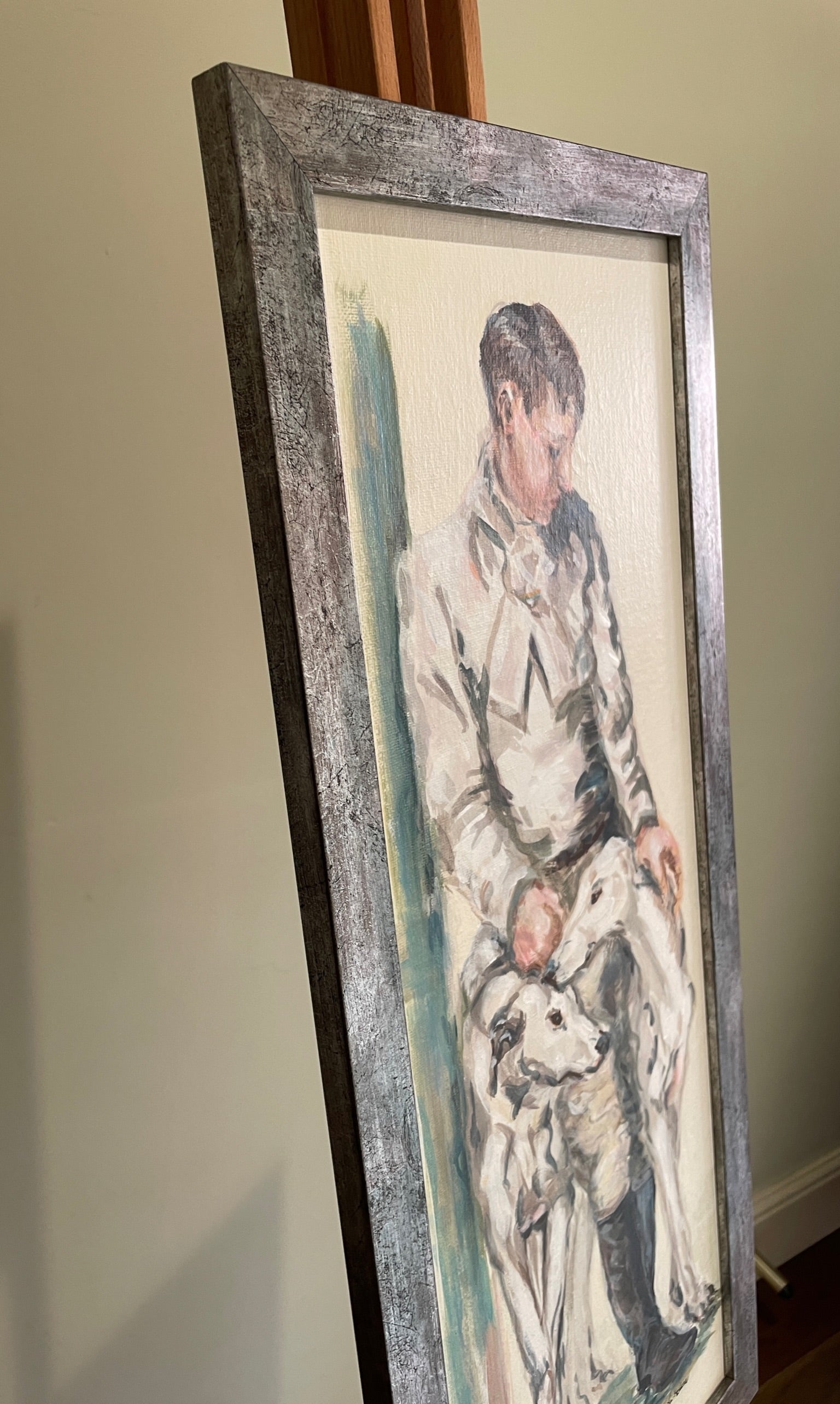 These paintings illustrate the timeless connection of people to their dogs. The elegance of gesture and devoted expression of the pale greyhounds is reminiscent of Art Deco decoration.