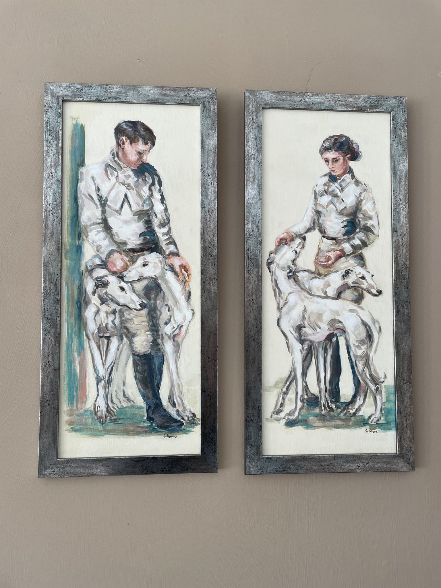 These paintings illustrate the timeless connection of people to their dogs. The elegance of gesture and devoted expression of the pale greyhounds is reminiscent of Art Deco decoration.