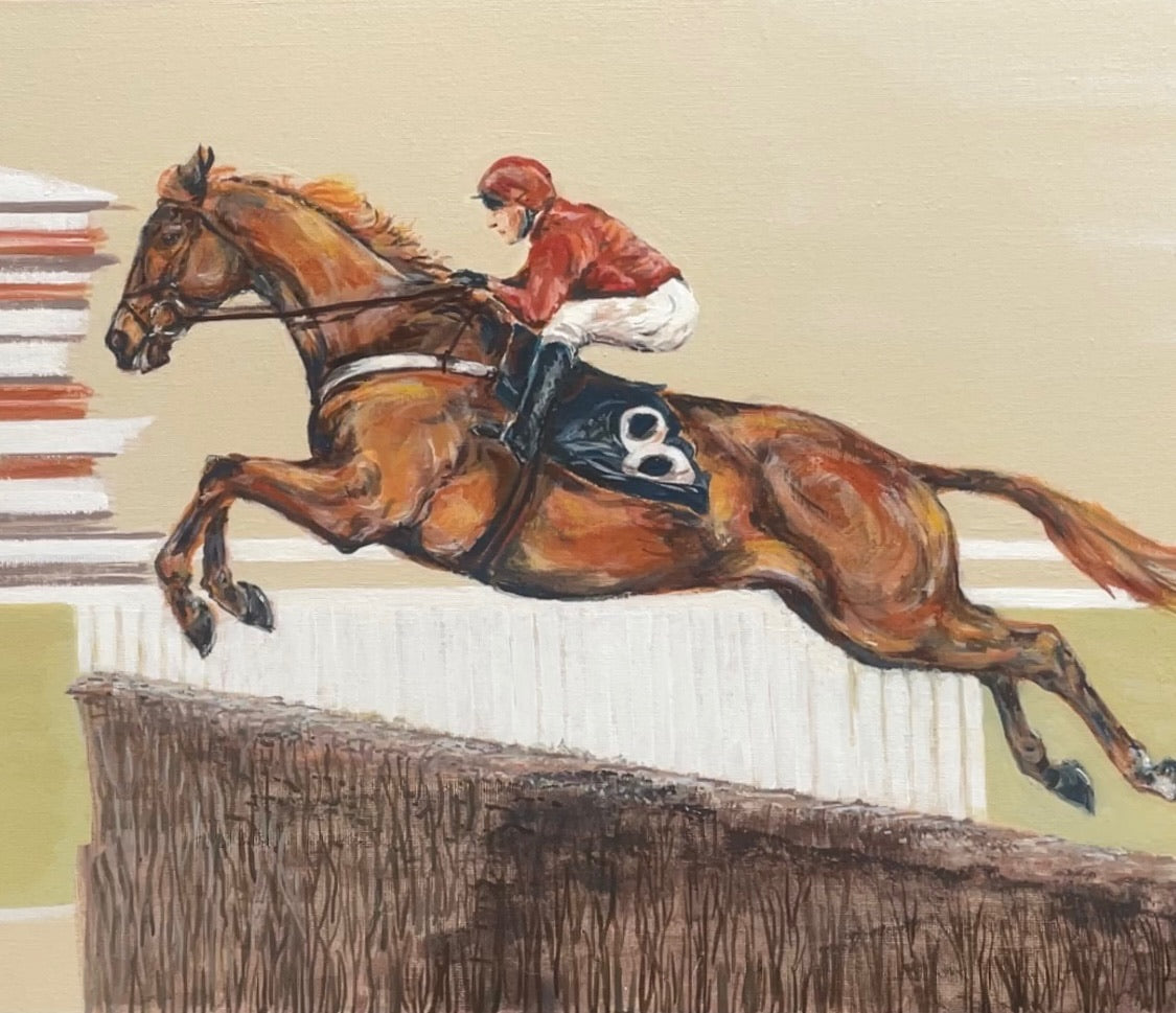 This painting has a racehorse over jumps as the subject.  Power Surge depicts the power of the horse jumping at speed.