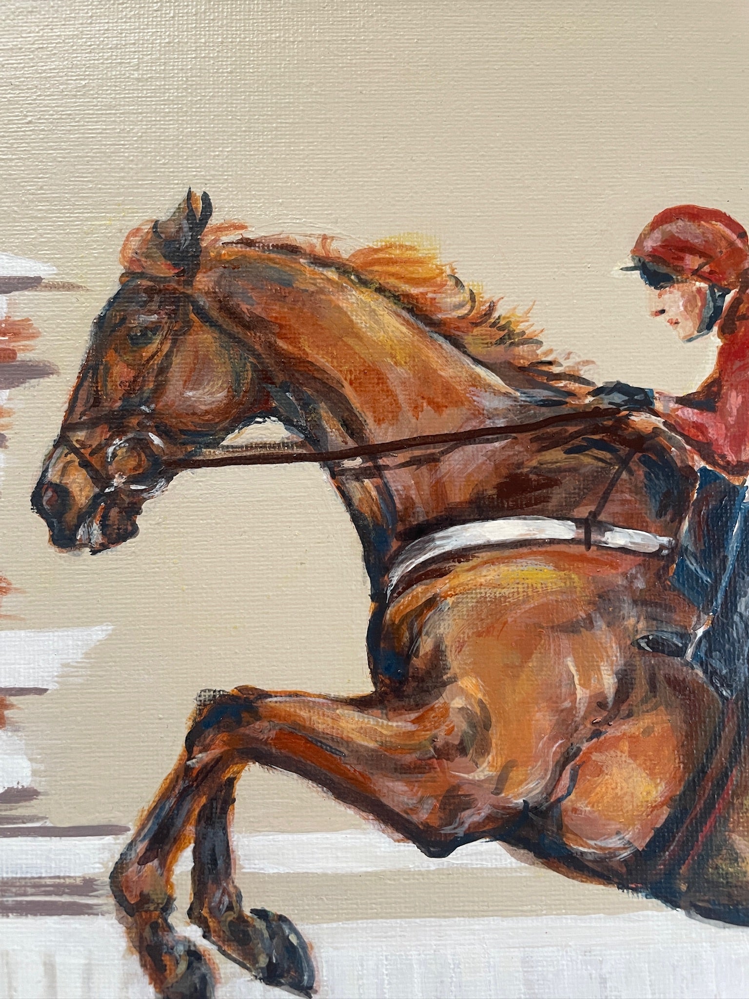This painting has a racehorse over jumps as the subject.  Power Surge depicts the power of the horse jumping at speed.