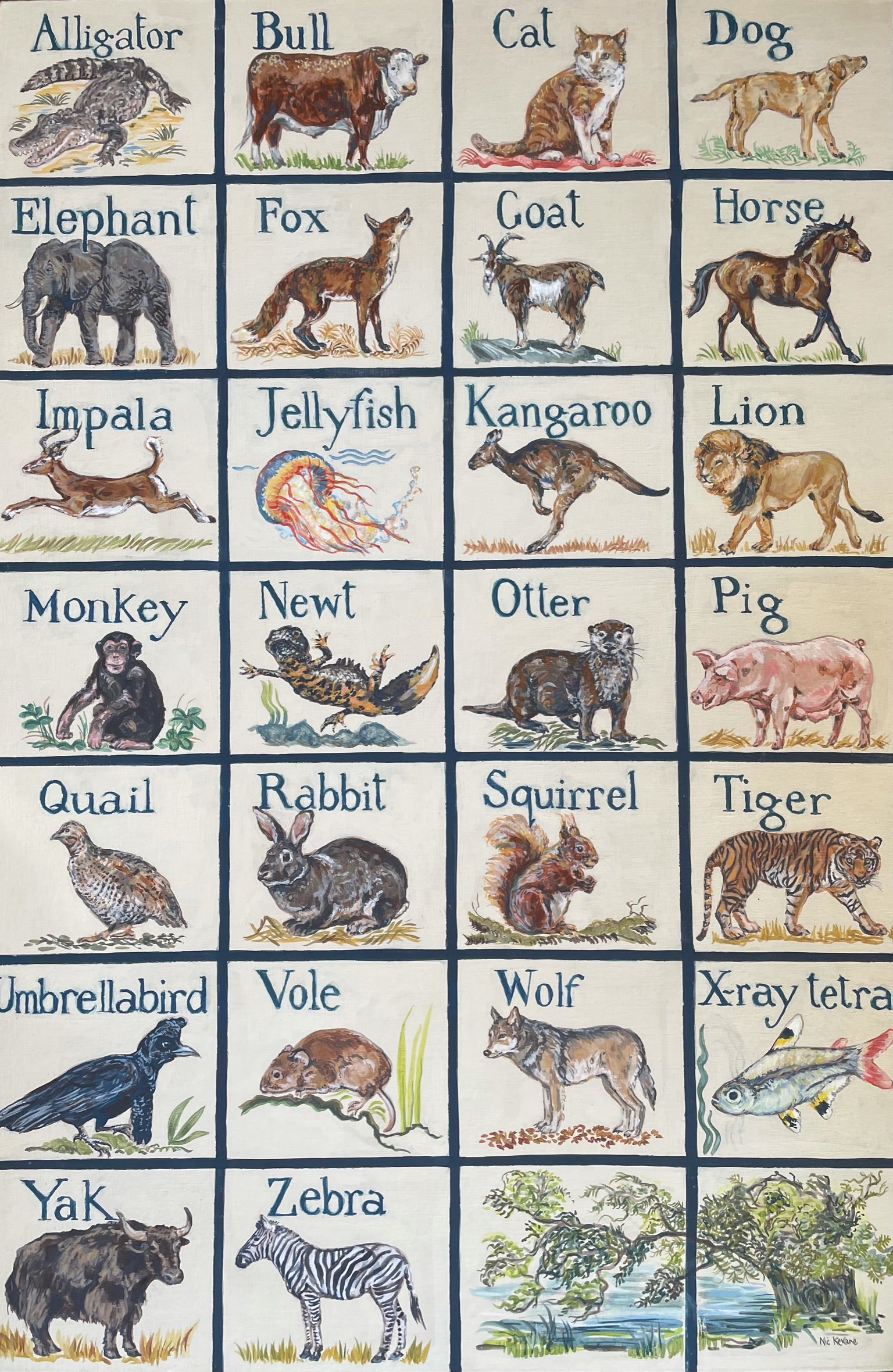 An original interpretation of the animal alphabet. All hand painted, including the grid, the lettering and naturally the animals.