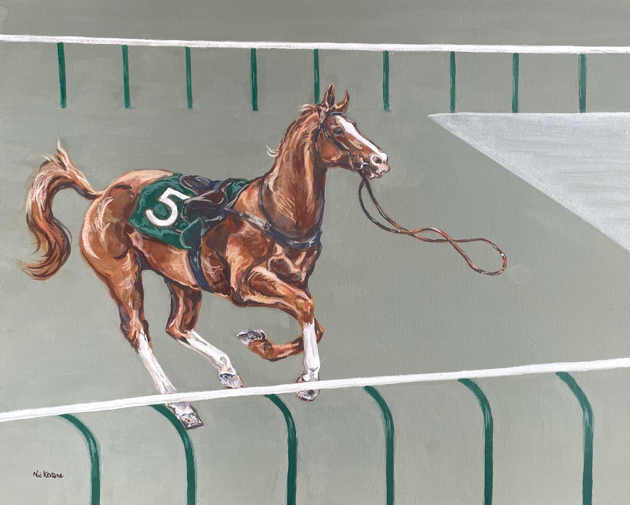 This painting shows a loose racehorse who has unseated his jockey. The horse’s reins dancing in the air emphasise his new found freedom.