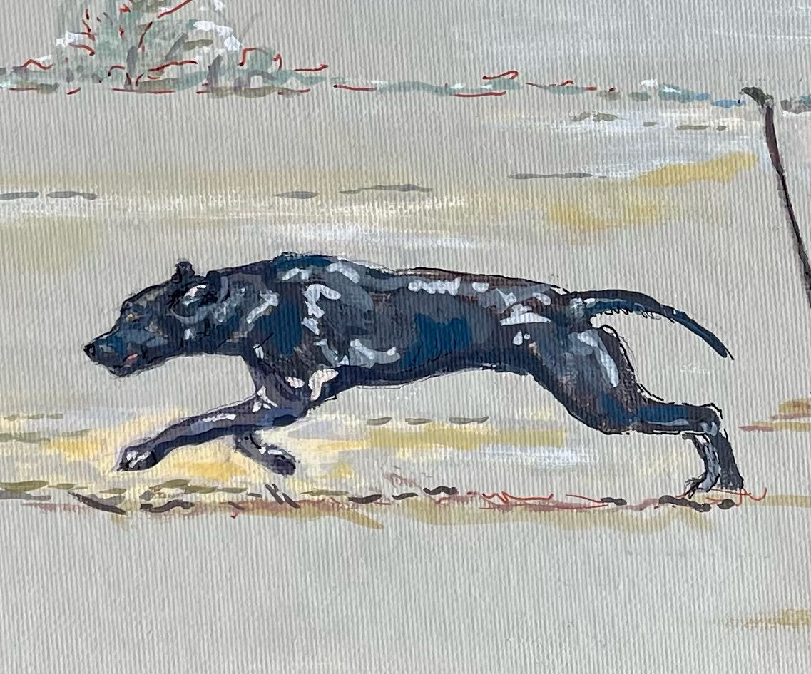 This painting depicts a gundog taking part in a working gundog test. Canvas dummies are used and the test replicates a day shooting. The background to this atmospheric painting is a pale neutral brown/grey.