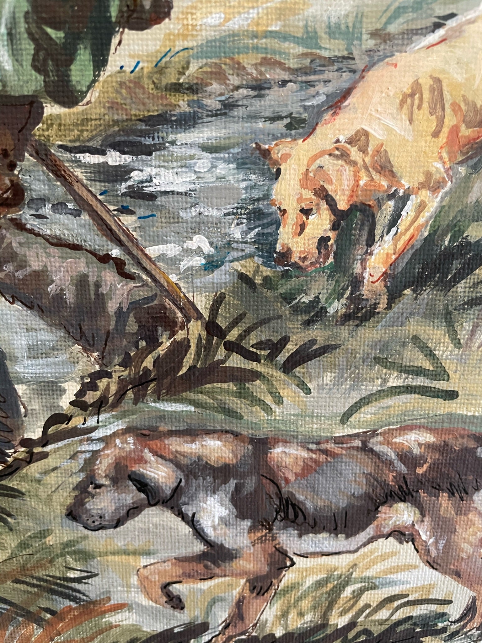 This painting shows a moorland walk of a ghillie with his two working companions. The soft autumn colours enhance this painting.