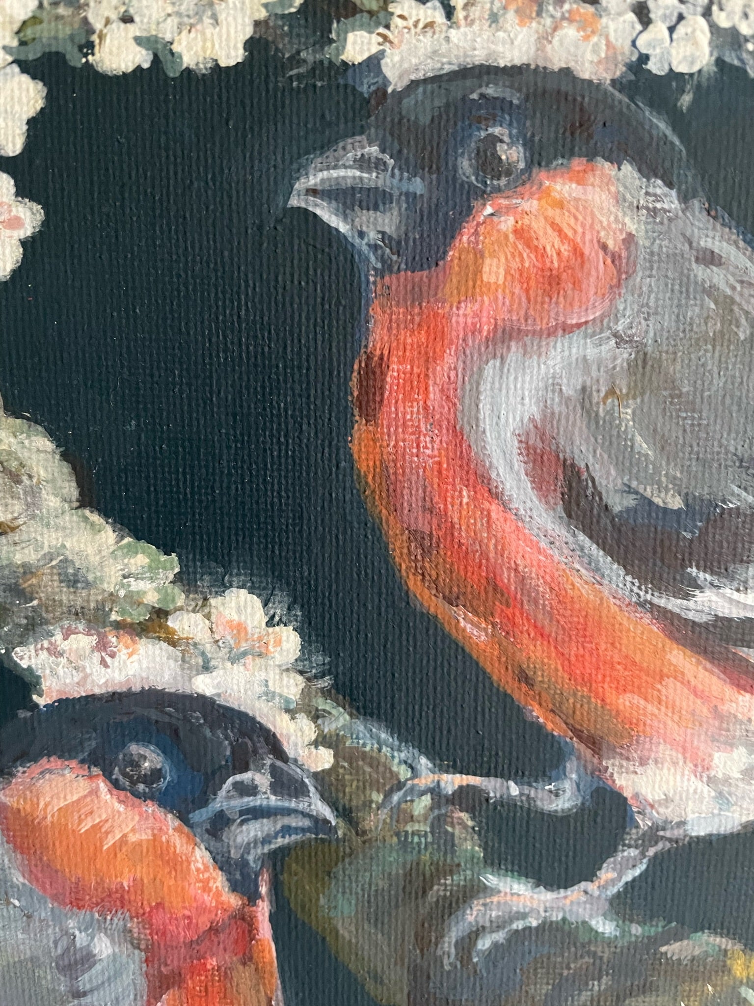 Bullfinches and Blossom  This painting depicts bullfinches amidst blackthorn blossom with other native Spring flora  …including ladybirds on the nettles.