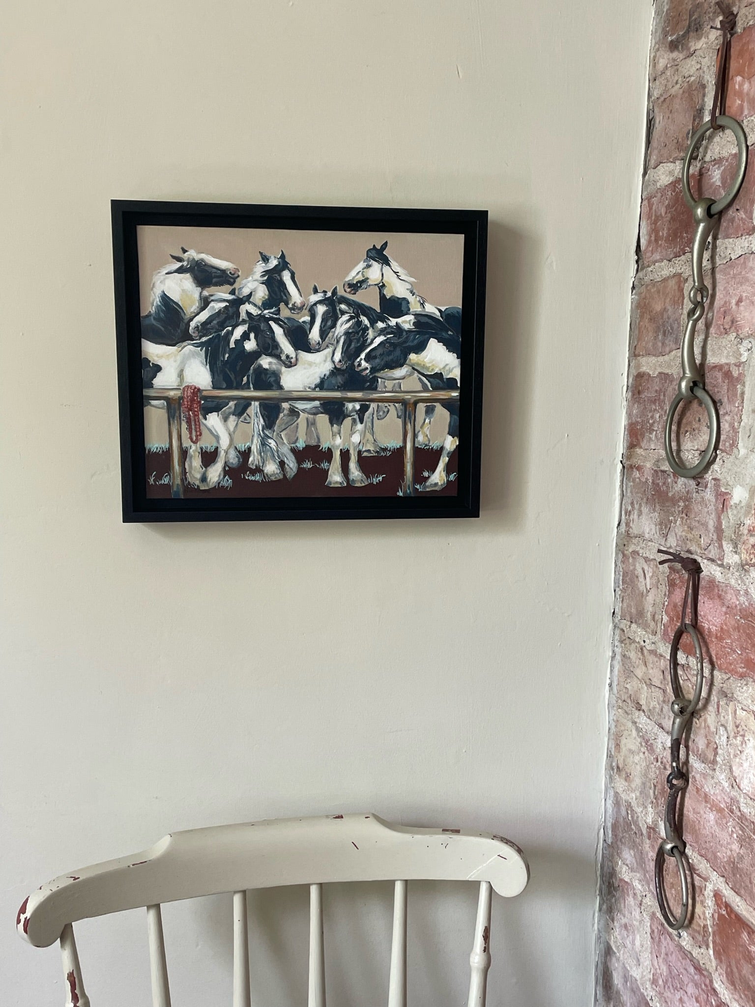 Piebald Ponies - A framed painting of black and white horses