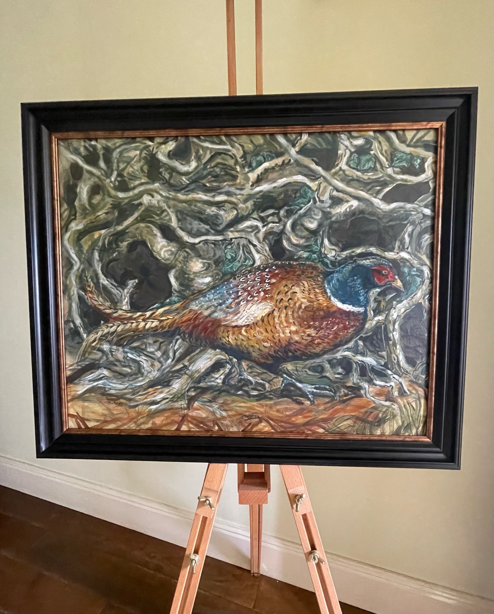 Pheasant in the hedge This painting depicts a pheasant darting through the bottom of a native hedge.