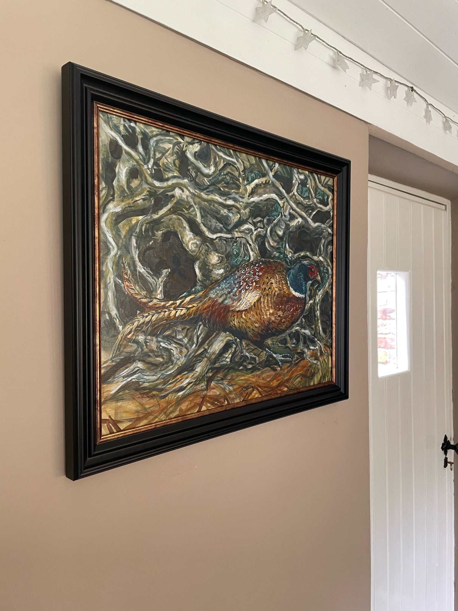 Pheasant in the hedge This painting depicts a pheasant darting through the bottom of a native hedge.
