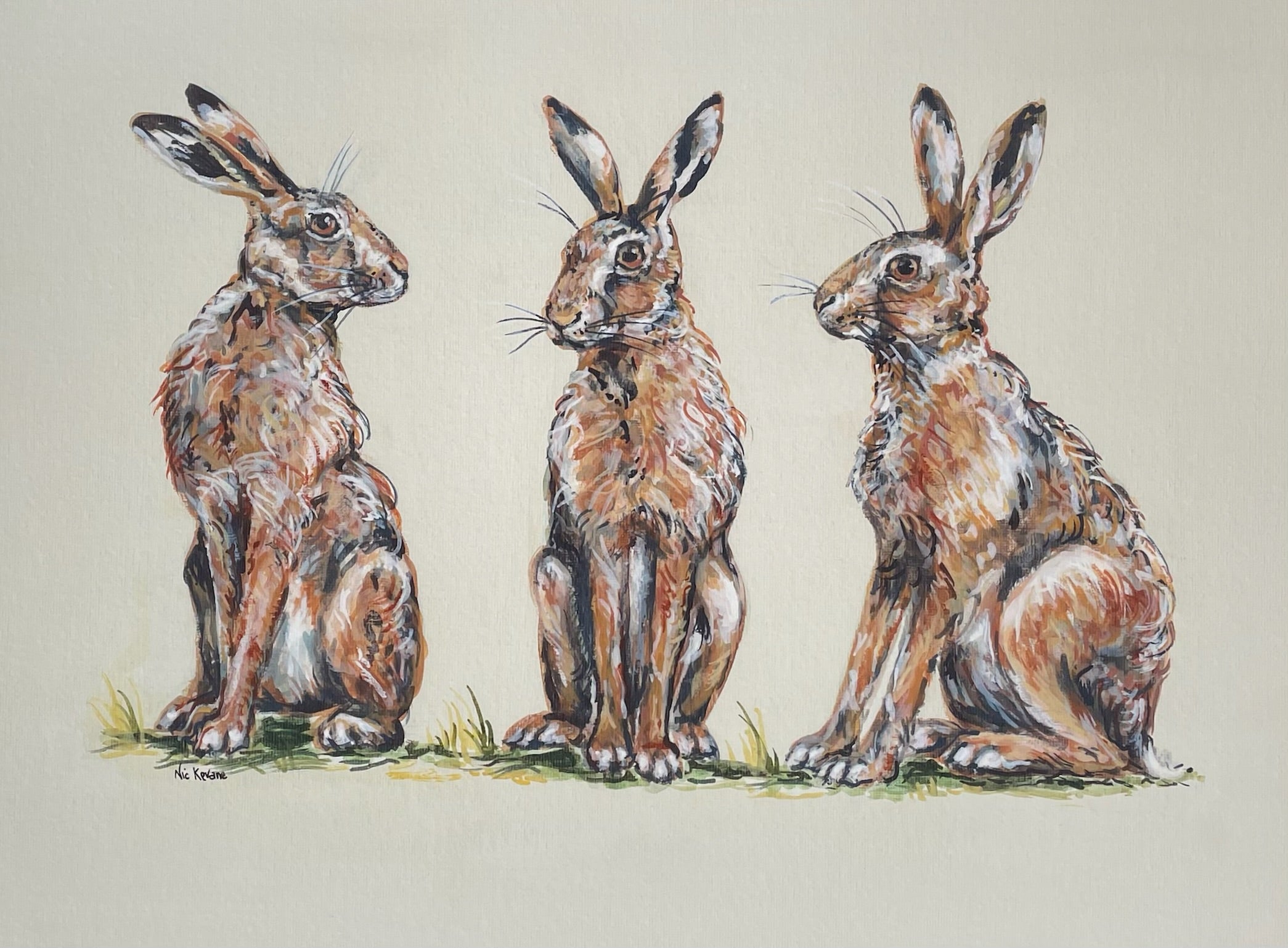This print shows three hares together. The background is a neutral fawn colour