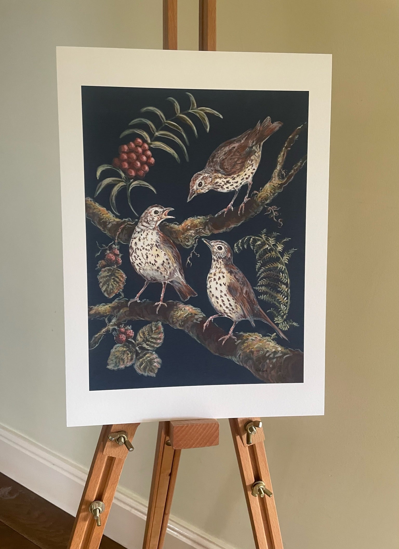 This fine art giclee print shows three song thrushes in a native hedgerow. The background colour is a very pleasant dark midnight blue.