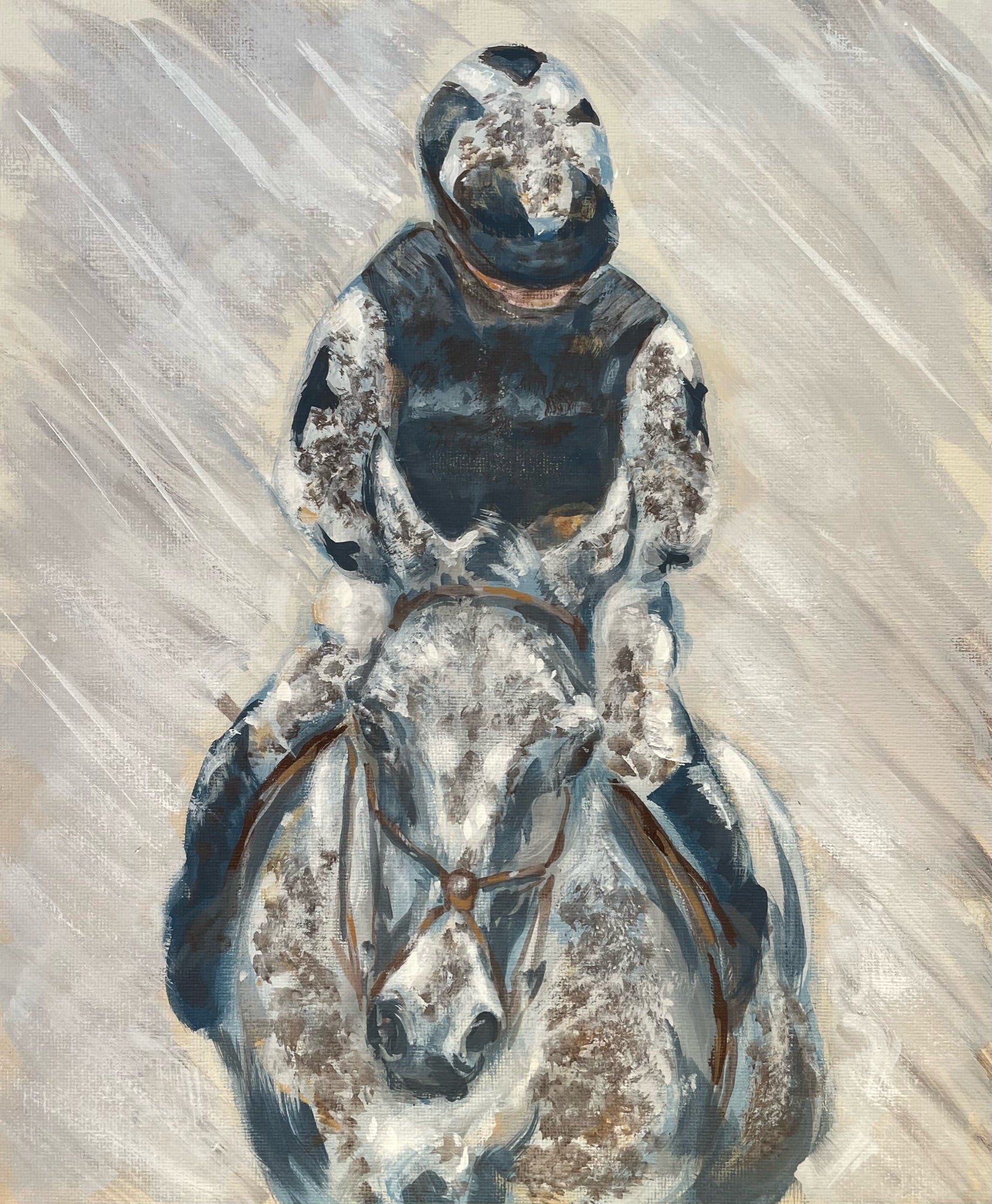 This painting is of a racehorse and jockey at the end of a very muddy and wet race. The colours are monochrome.