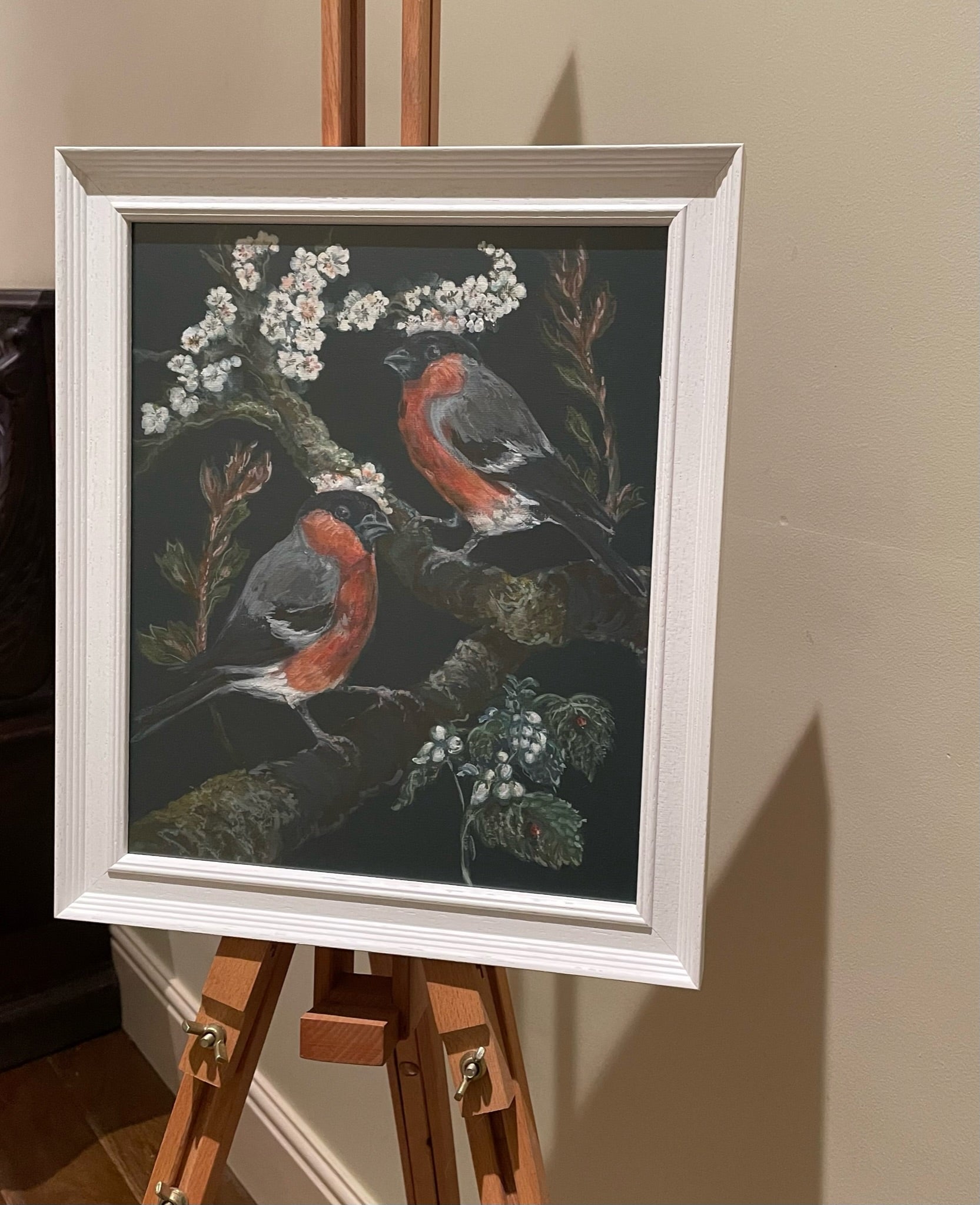 Bullfinches and Blossom This painting depicts bullfinches amidst blackthorn blossom with other native Spring flora …including ladybirds on the nettles.