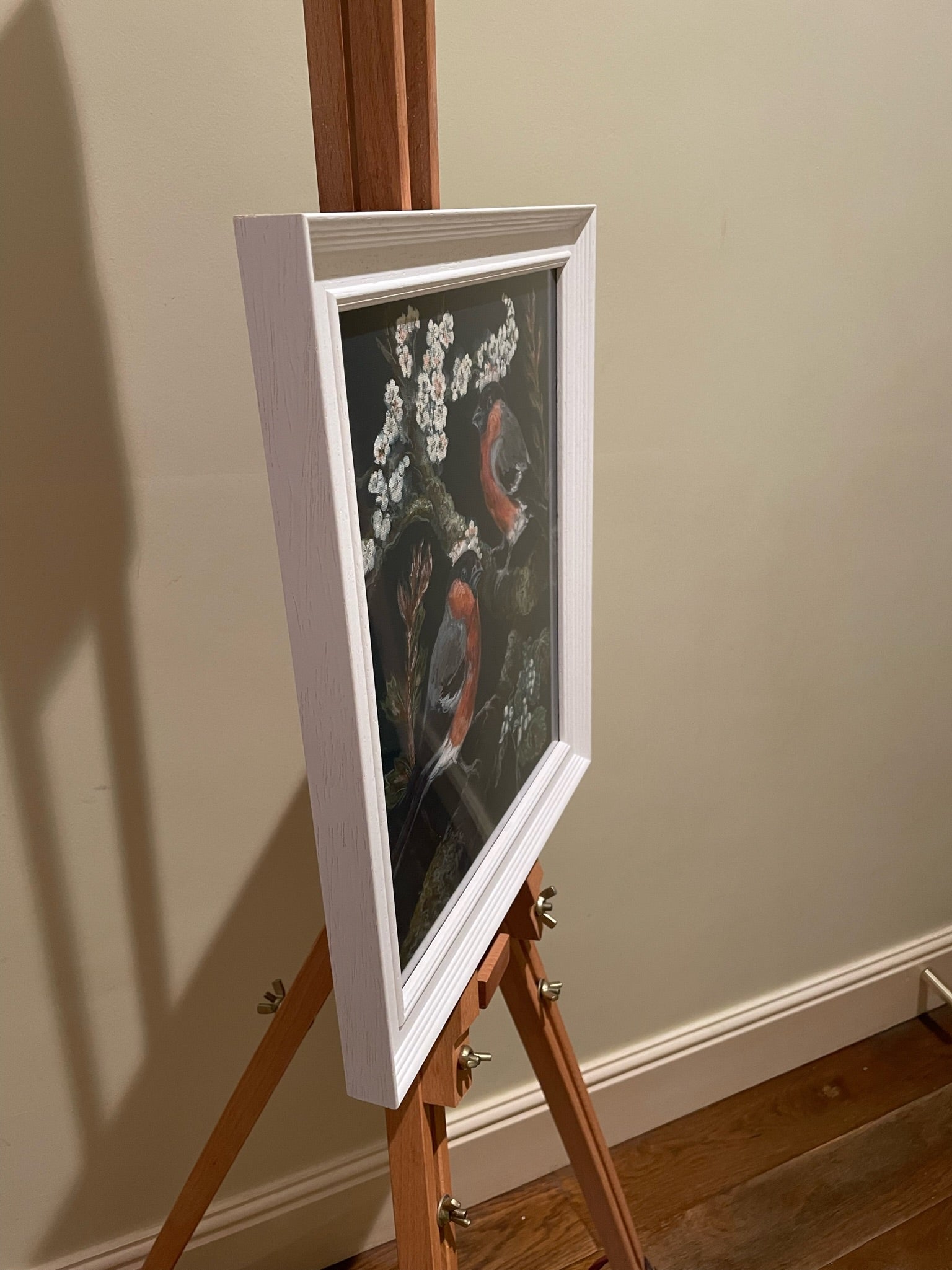 Bullfinches and Blossom This painting depicts bullfinches amidst blackthorn blossom with other native Spring flora …including ladybirds on the nettles.