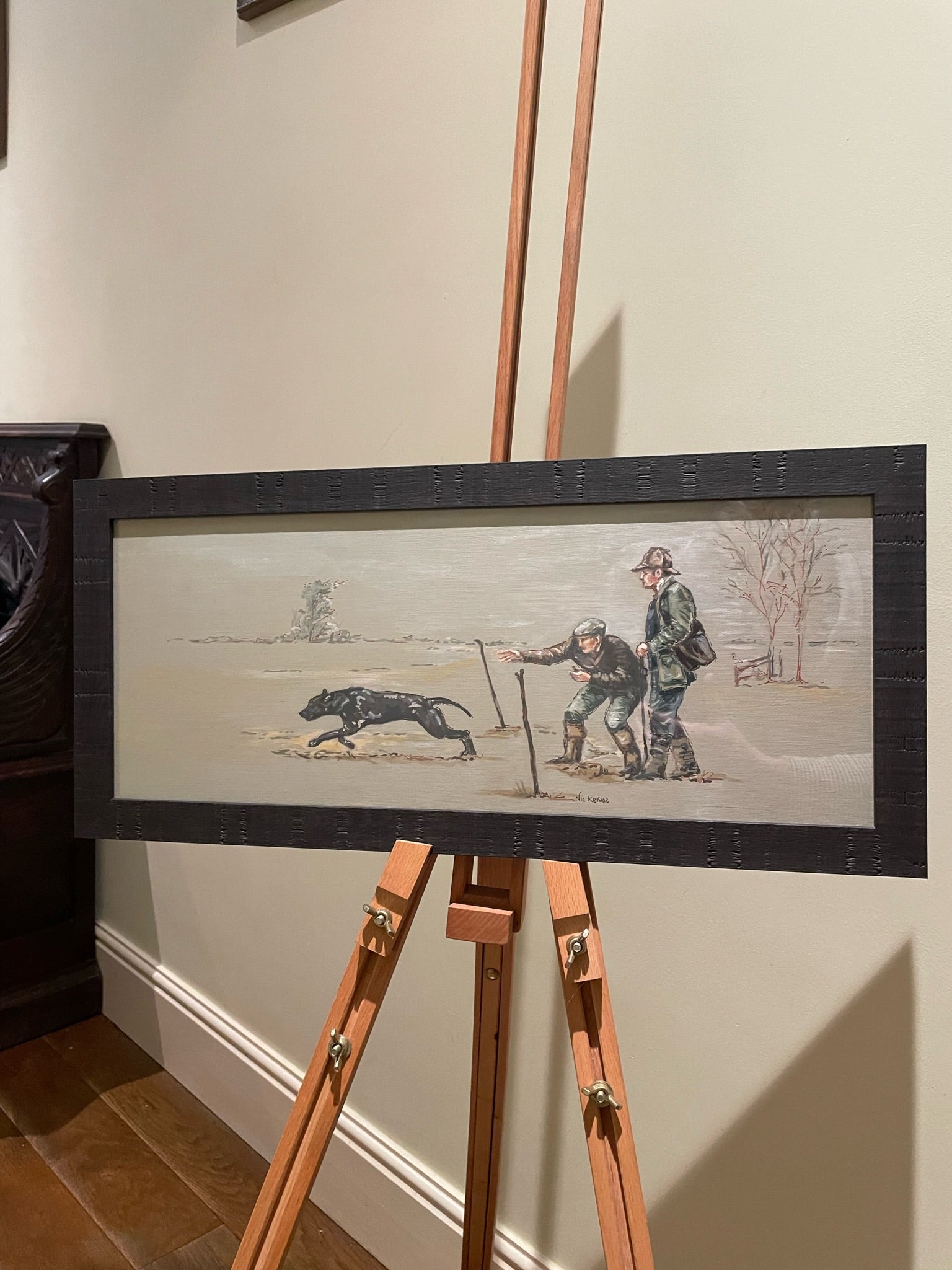 This painting depicts a gundog taking part in a working gundog test. Canvas dummies are used and the test replicates a day shooting. The background to this atmospheric painting is a pale neutral brown/grey.