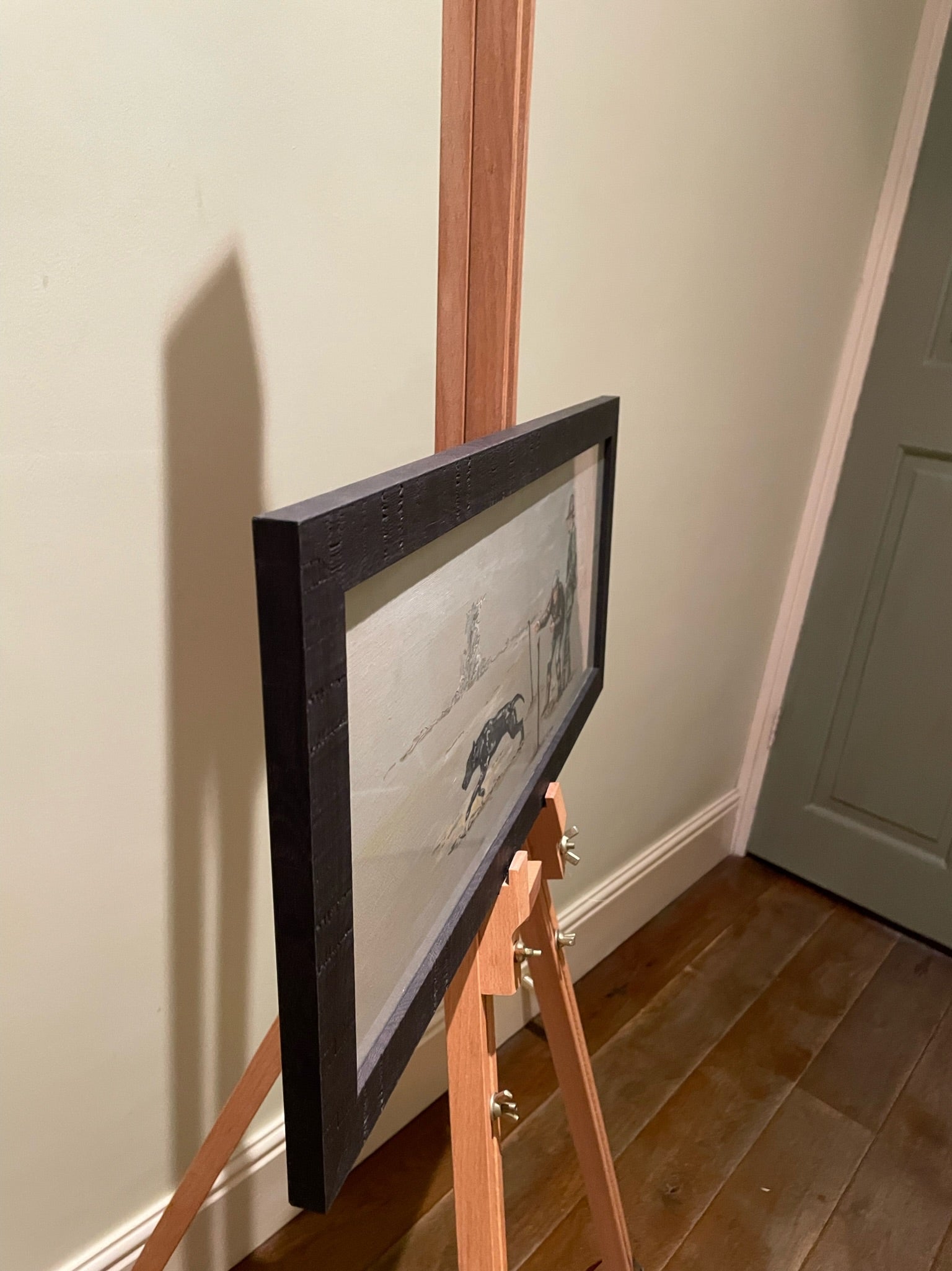 This painting depicts a gundog taking part in a working gundog test. Canvas dummies are used and the test replicates a day shooting. The background to this atmospheric painting is a pale neutral brown/grey.
