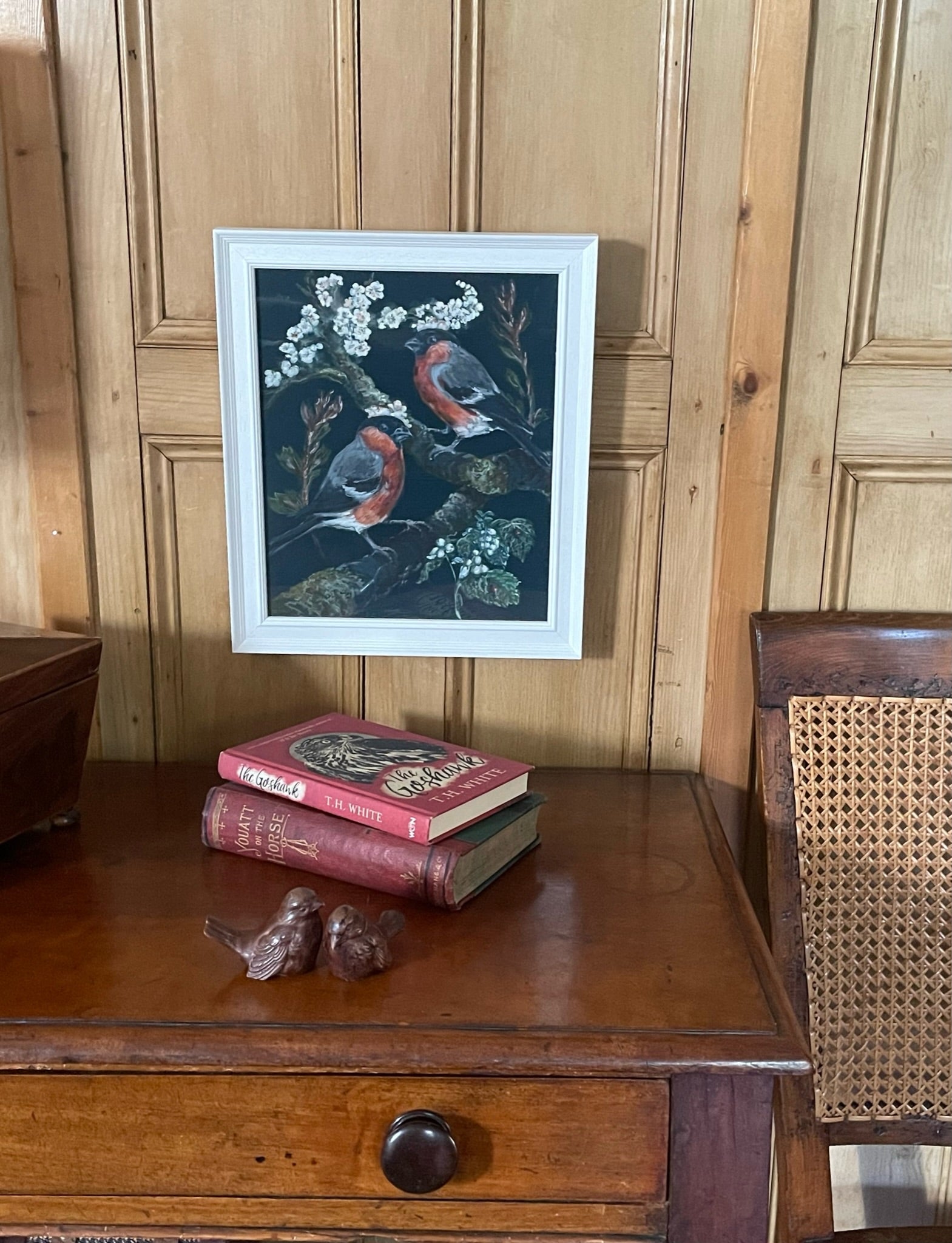 Bullfinches and Blossom This painting depicts bullfinches amidst blackthorn blossom with other native Spring flora …including ladybirds on the nettles.