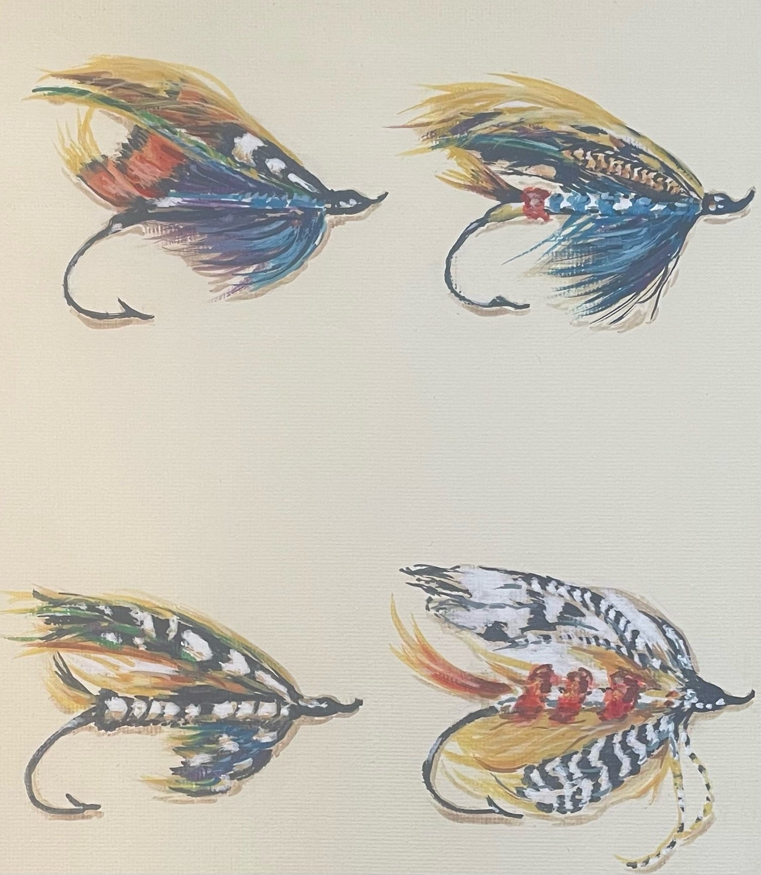 This painting is a homage to Megan Boyd 1915-2001, the celebrated fly tyer from the Scottish Highlands. These fishing flies are like exotic insects or birds, they are so colourful, delicate and intricate in design.