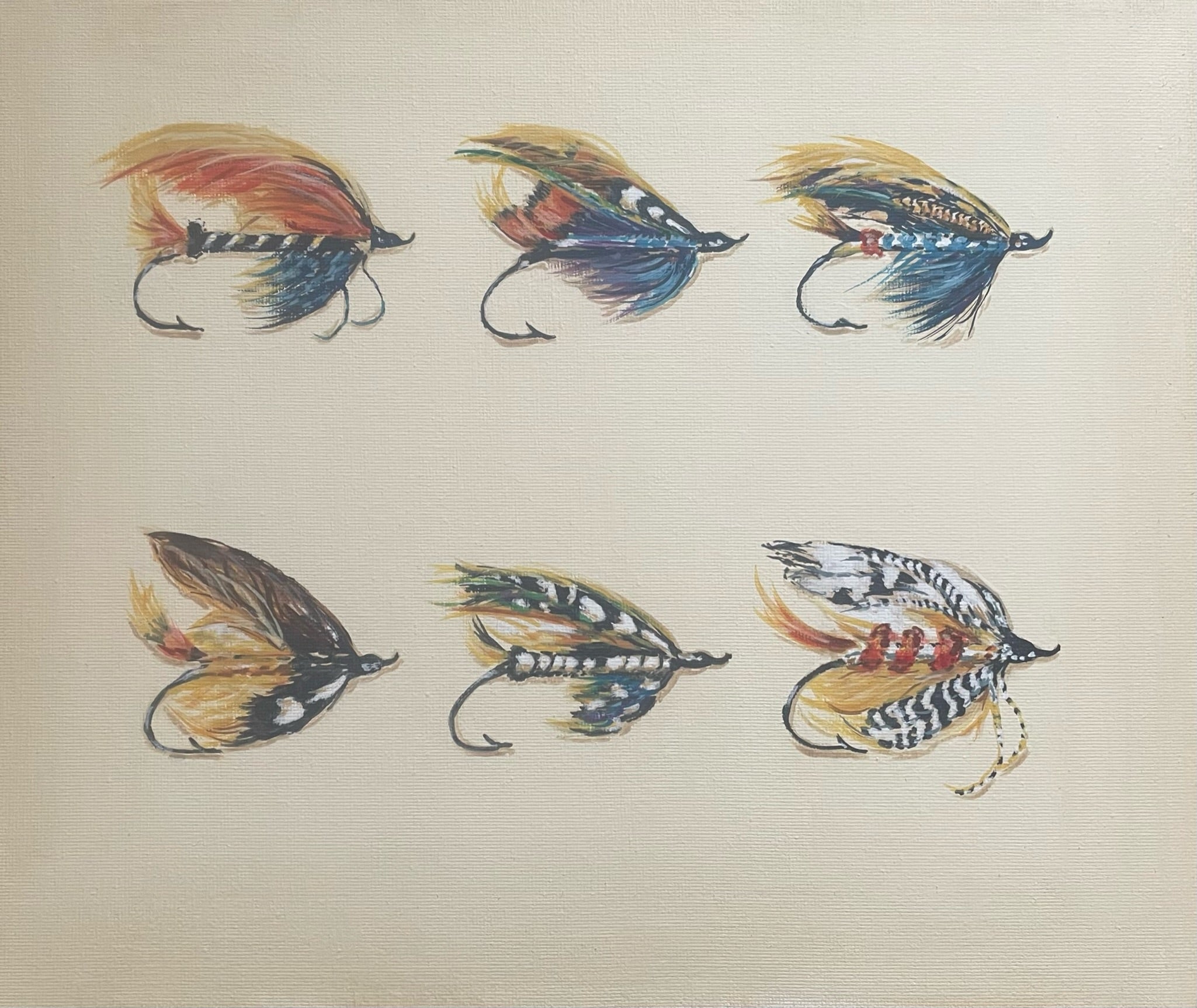 This painting is a homage to Megan Boyd 1915-2001, the celebrated fly tyer from the Scottish Highlands. These fishing flies are like exotic insects or birds, they are so colourful, delicate and intricate in design.