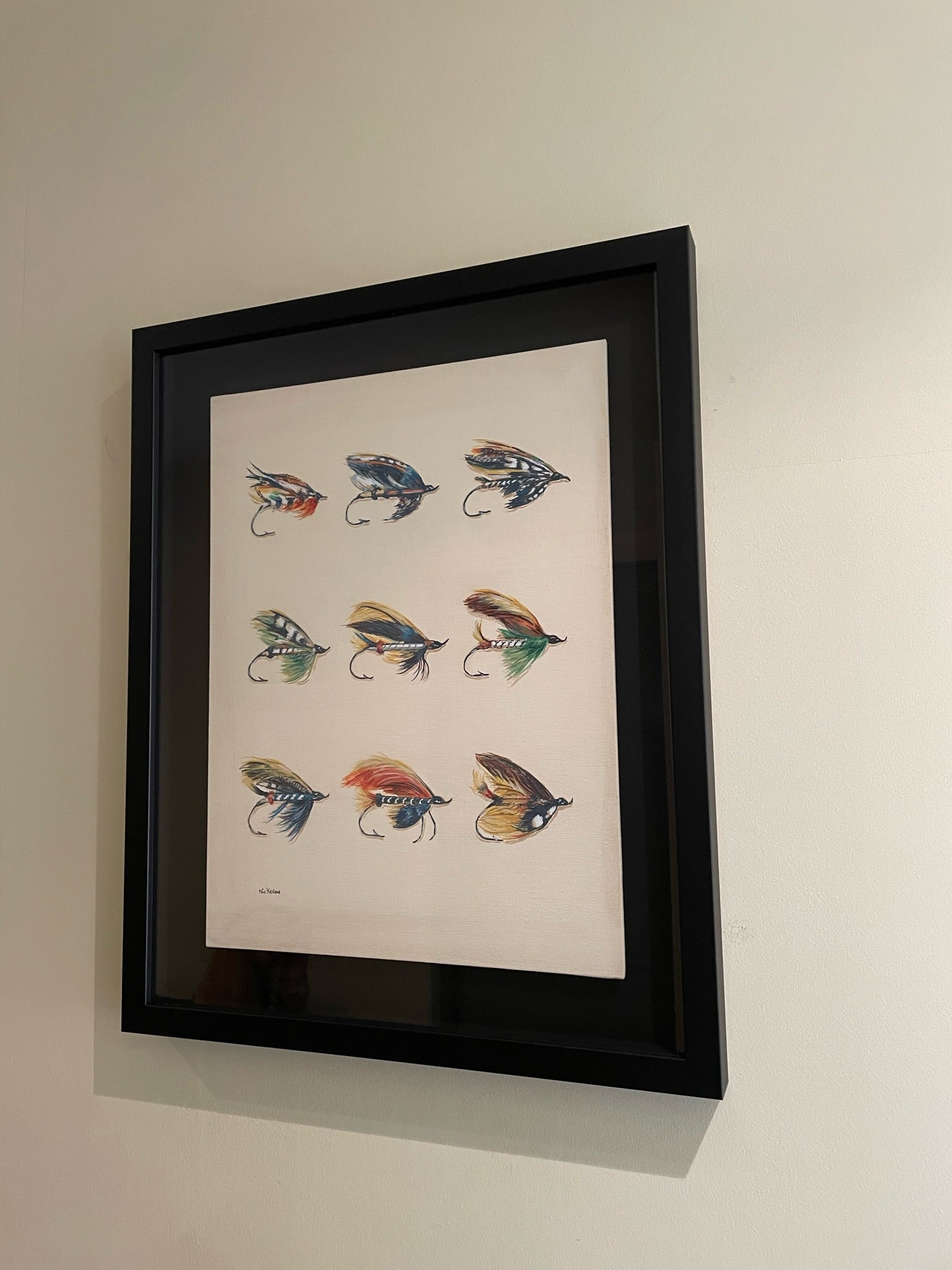This painting is a homage to Megan Boyd 1915-2001, the celebrated fly tyer from the Scottish Highlands. These fishing flies are like exotic insects or birds, they are so colourful, delicate and intricate in design.