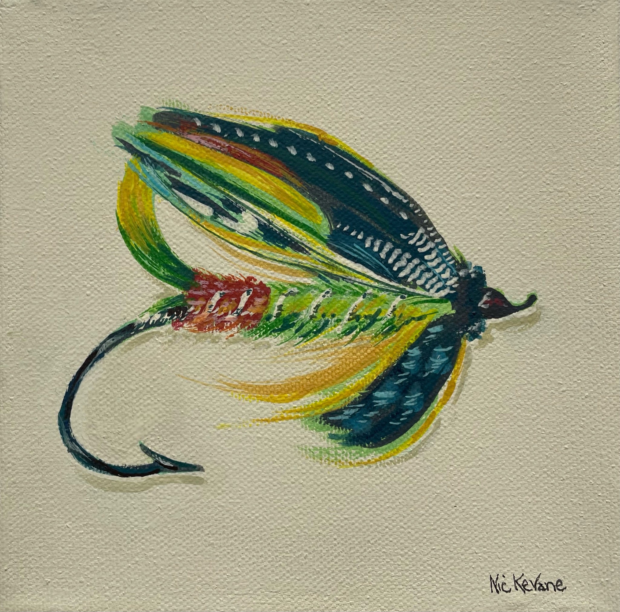 Green Fishing Fly - 15cm x 15cm mini paintings depicting various countryside subjects.