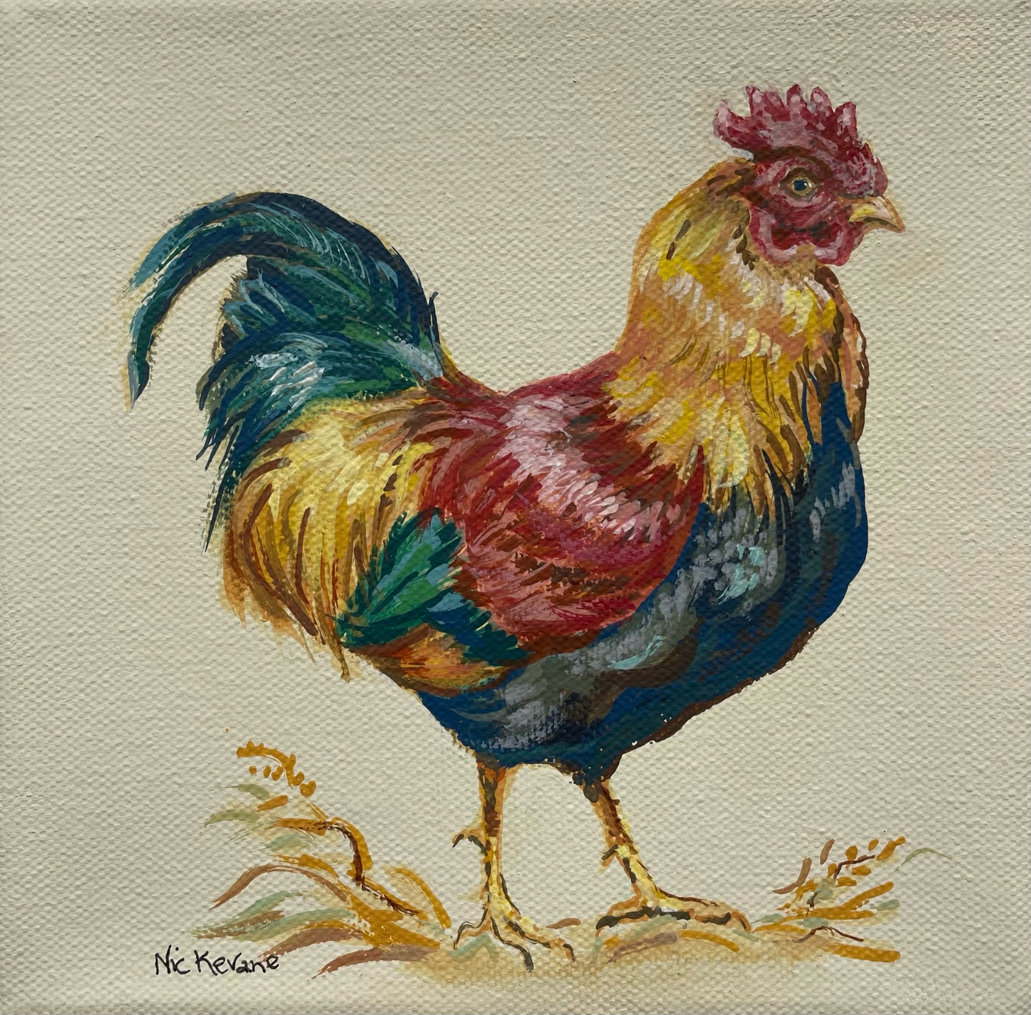 Standing Cockerel - 15cm x 15cm mini paintings depicting various countryside subjects.