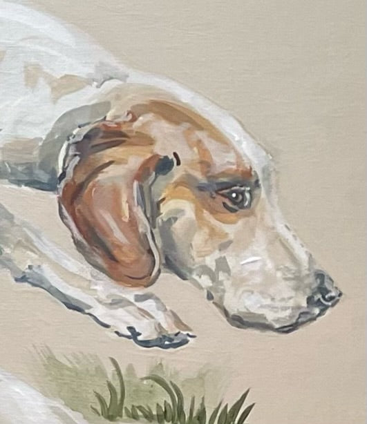 This painting shows three hounds ready to go hunting. These three each have their own characters. The background colour of the painting is a creamy beige.