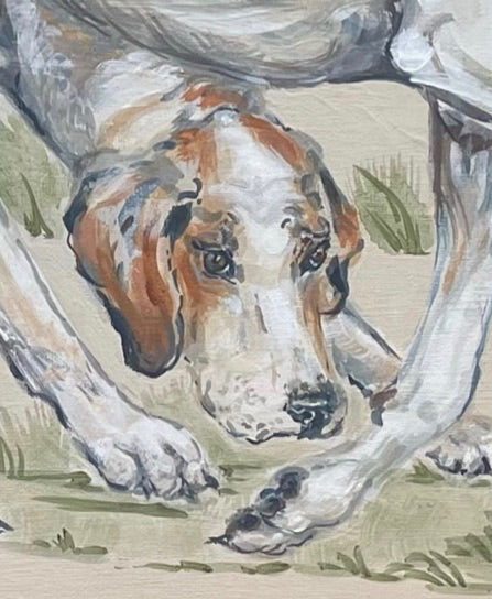 This painting shows three hounds ready to go hunting. These three each have their own characters. The background colour of the painting is a creamy beige.